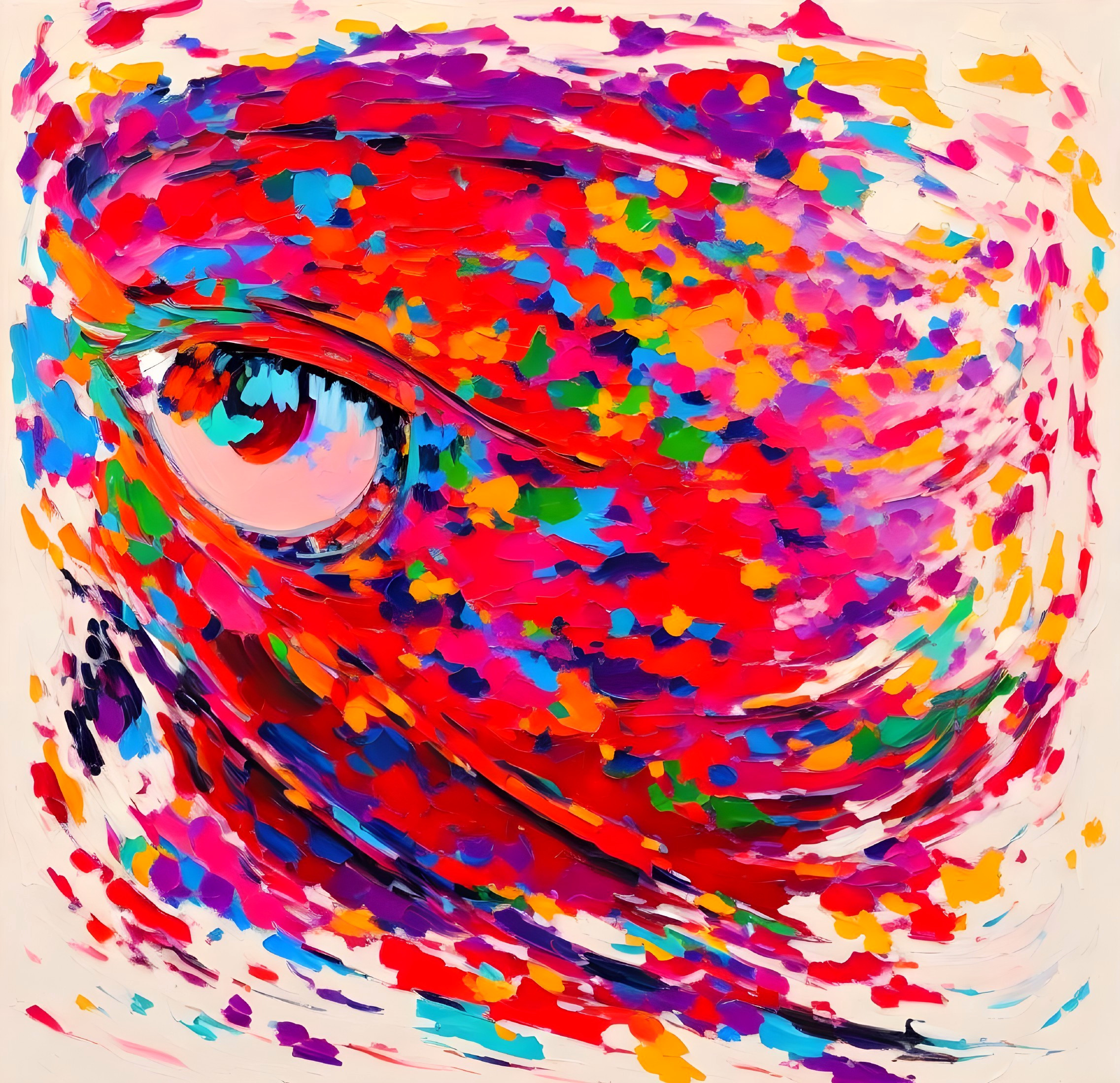 Vibrant Abstract Painting with Colorful Splatters and Eye