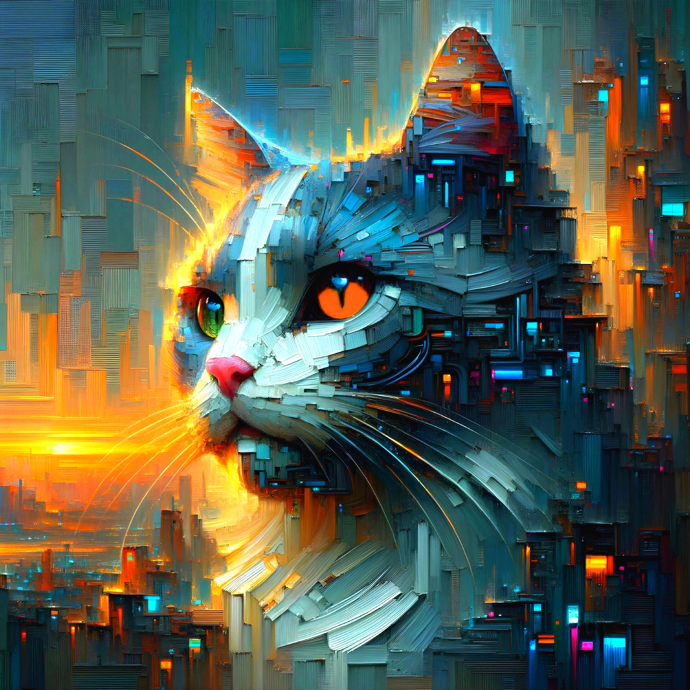 Vibrant Cat Artwork with Geometric Cityscape Background