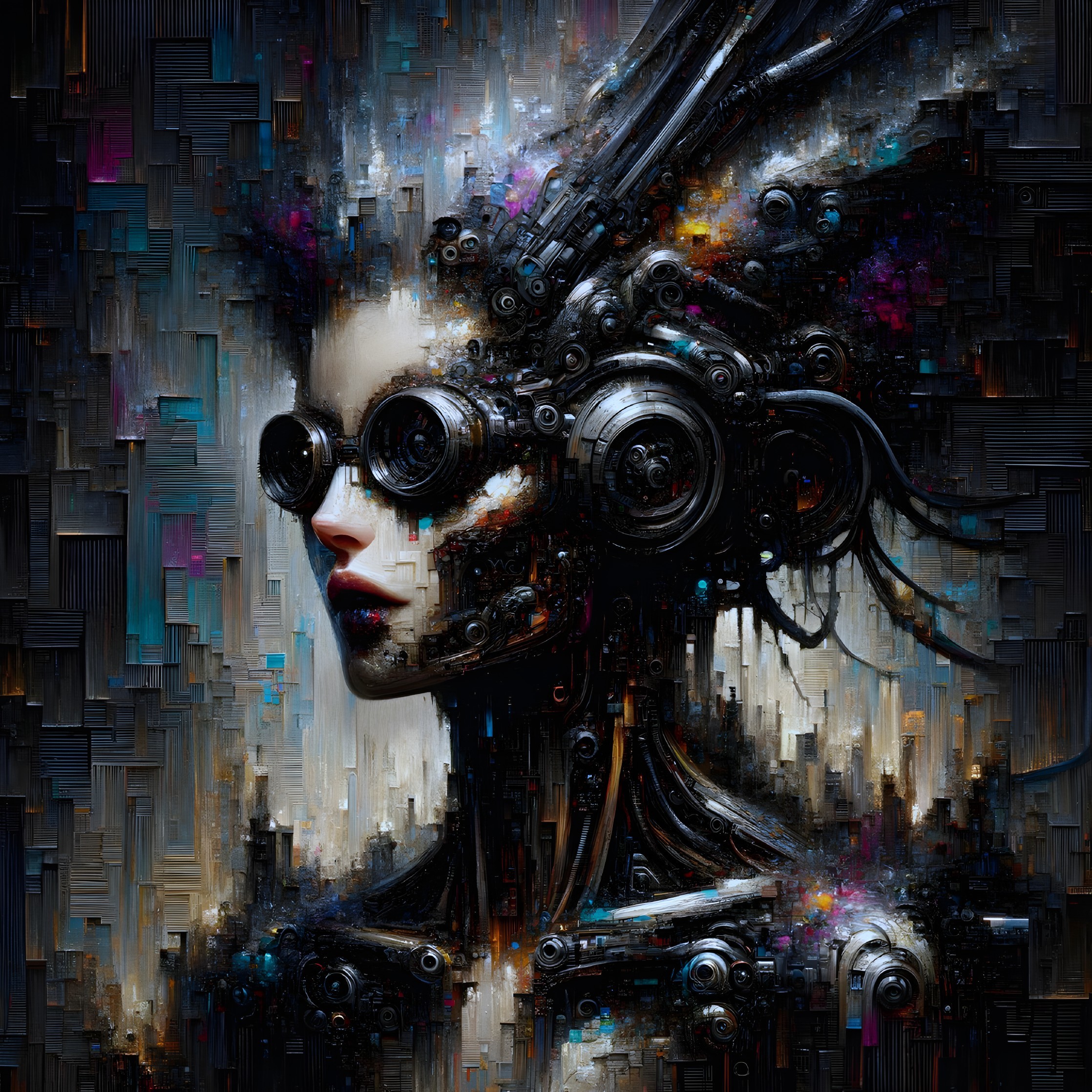 Futuristic Cybernetic Figure with Metallic Face and Goggles