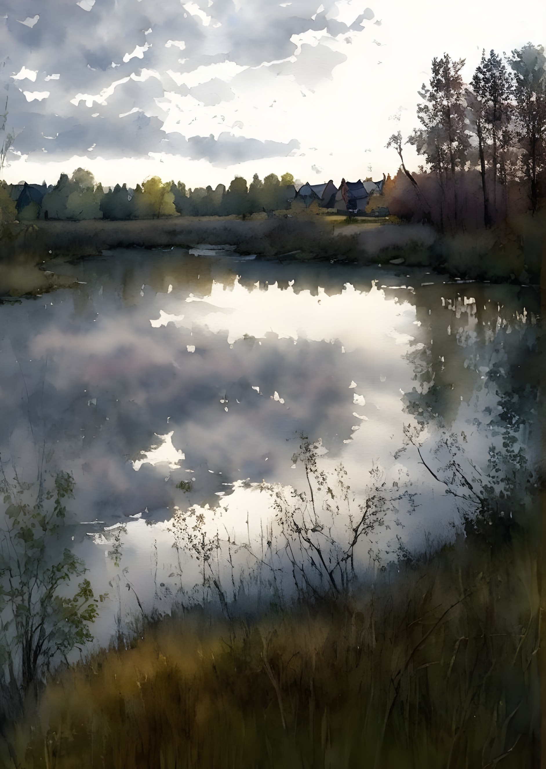 Tranquil lake with cloud reflection, trees, and soft sunset sky