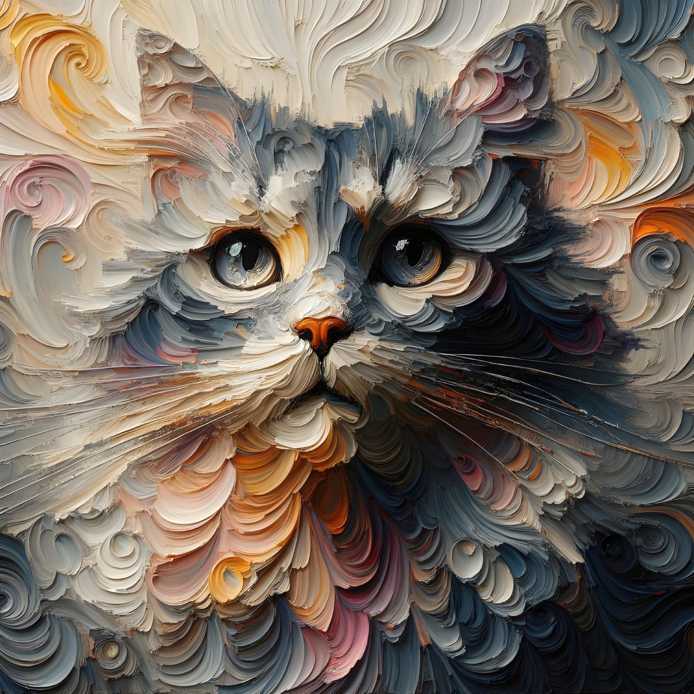 Textured painting of a cat in white, gray, and beige