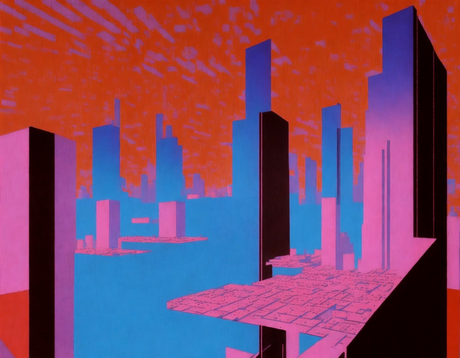 Futuristic cityscape digital artwork in pink and blue tones