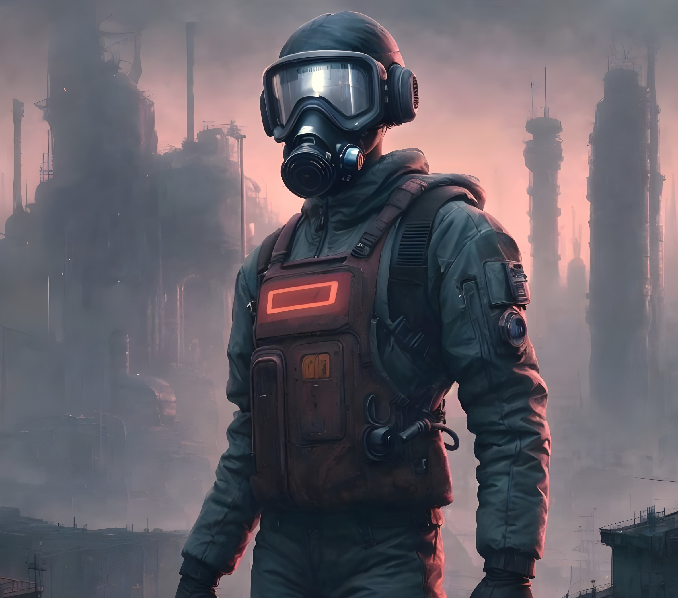 Futuristic figure in gas mask with industrial backdrop