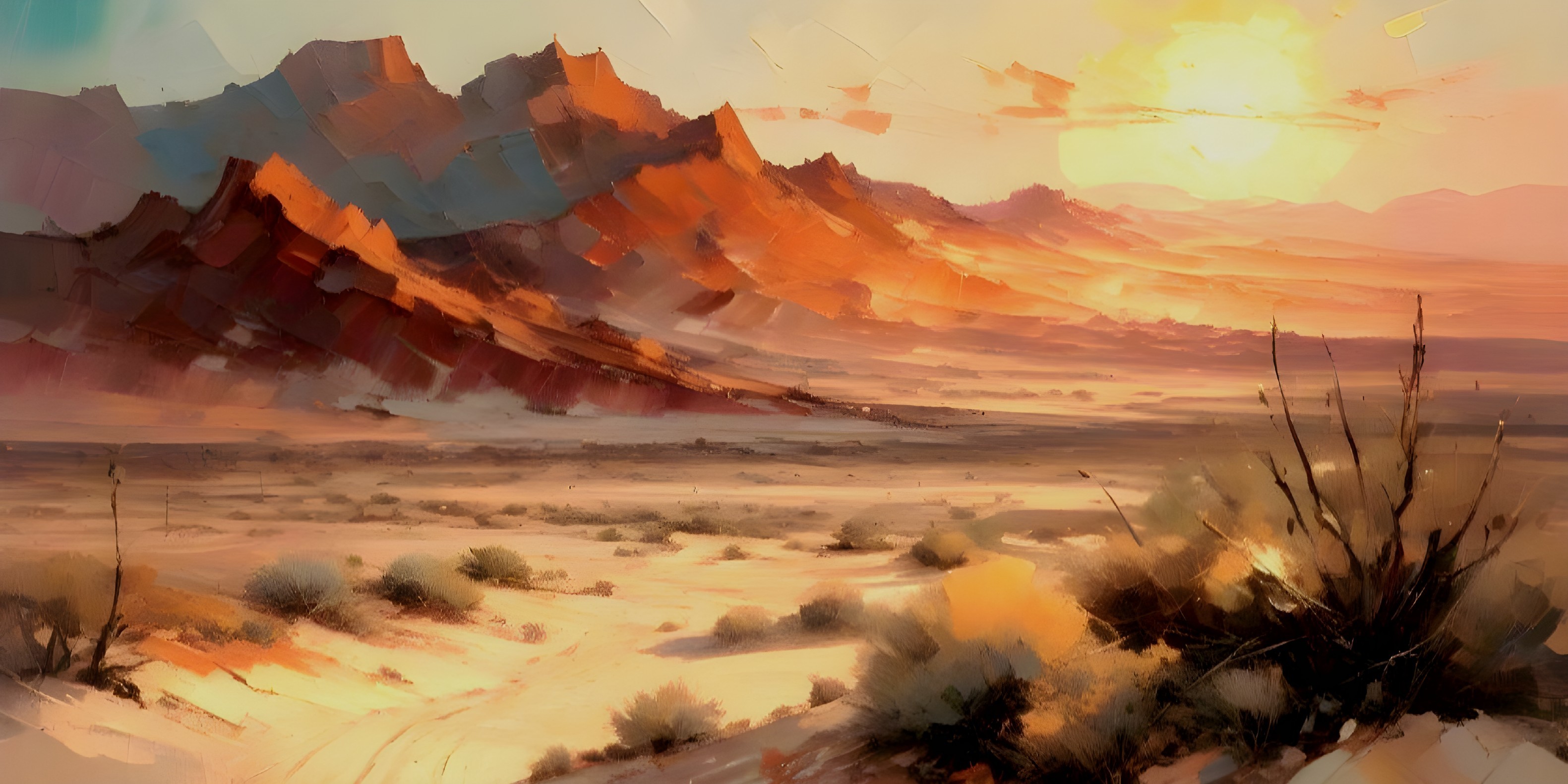 Desert Landscape at Sunset with Mountains and Sky