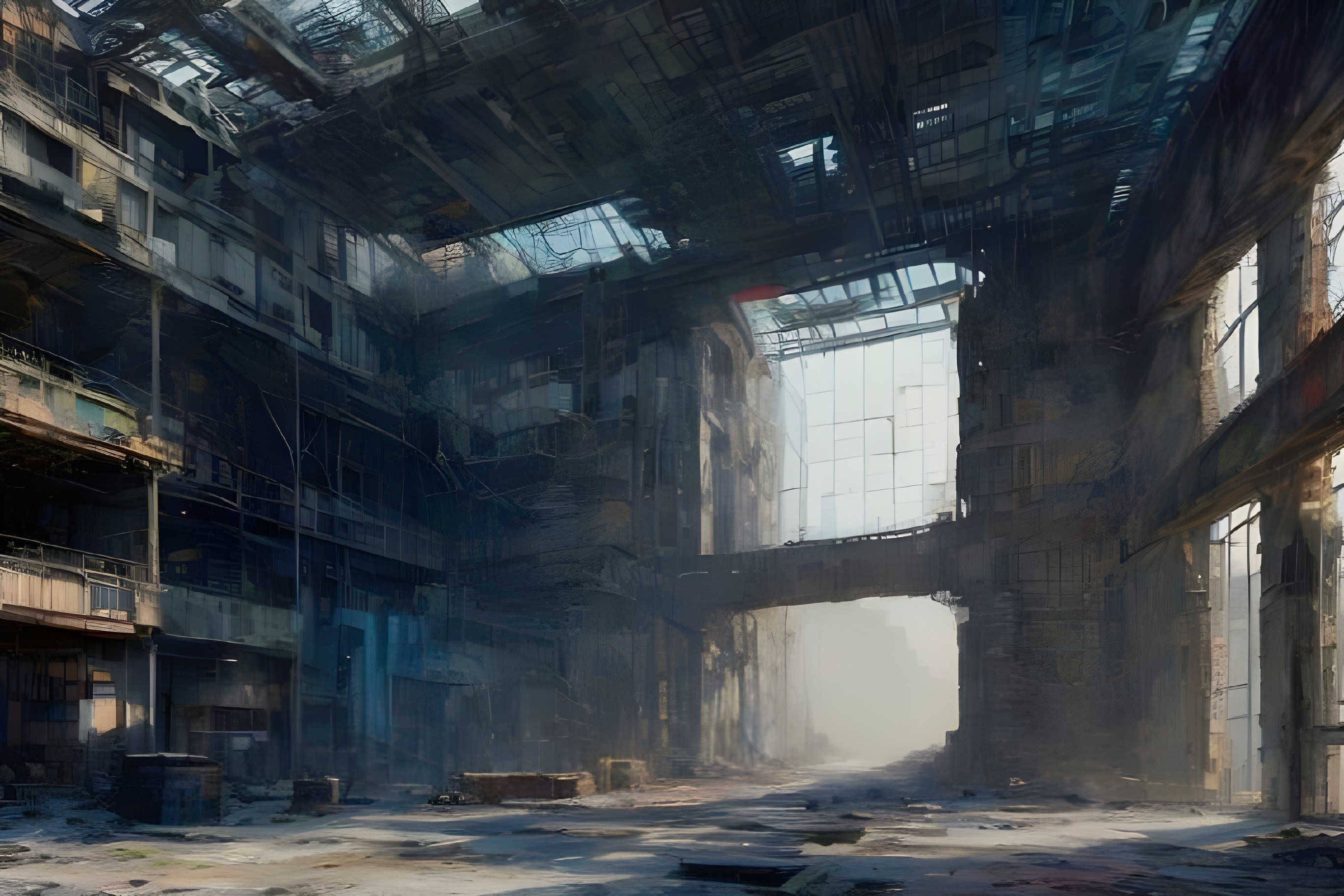 Abandoned Industrial Interior with Crumbling Walls