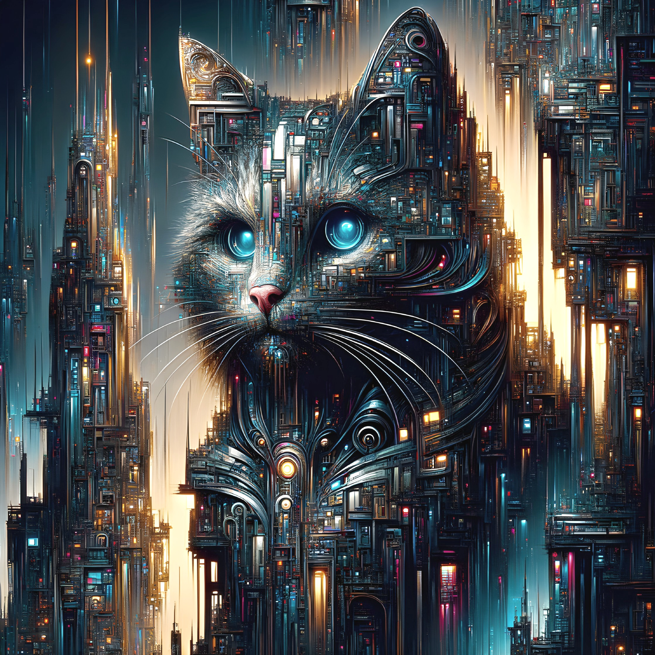 Cybernetic Cat with Glowing Cityscape Patterns