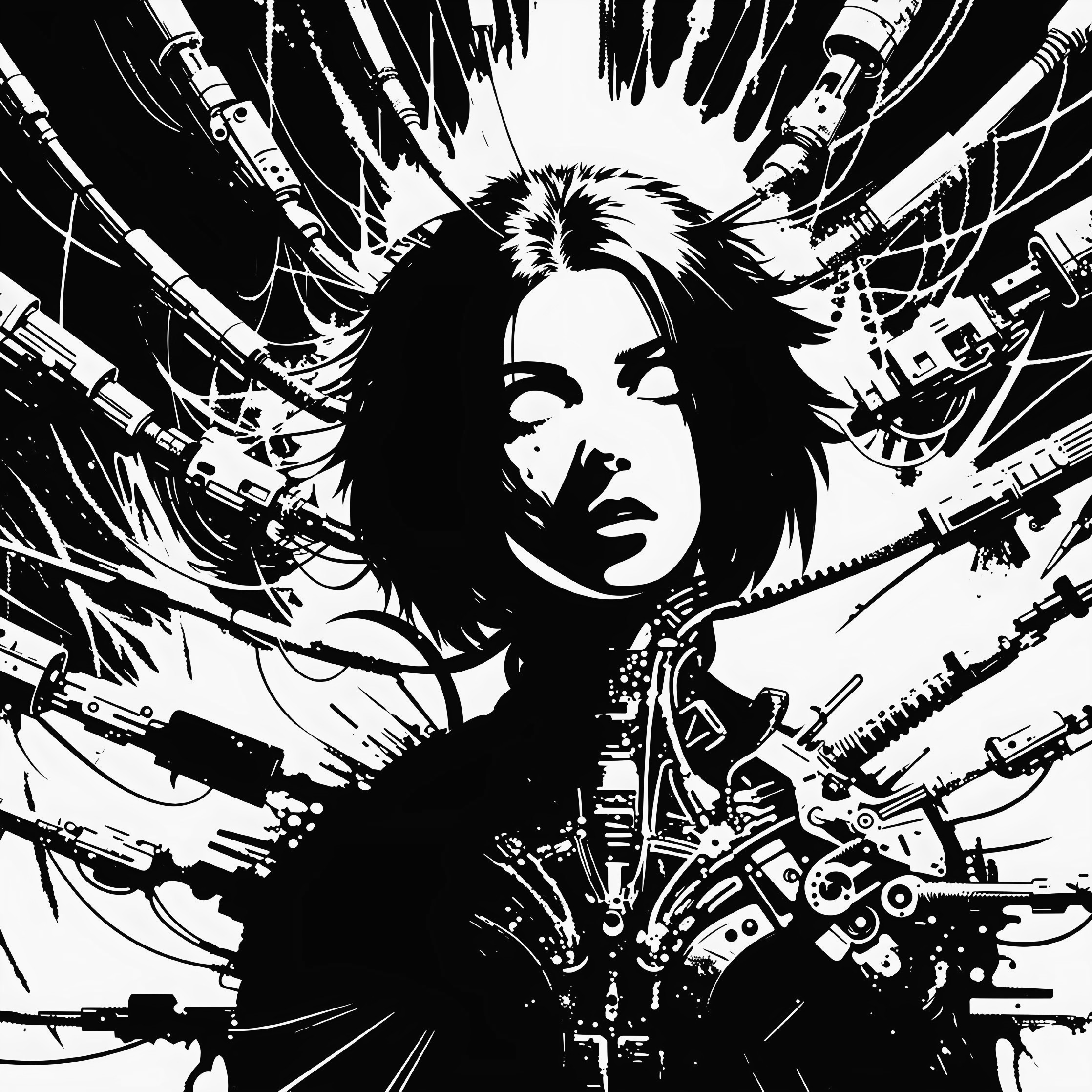 Black-and-white illustration of a serene woman with robots