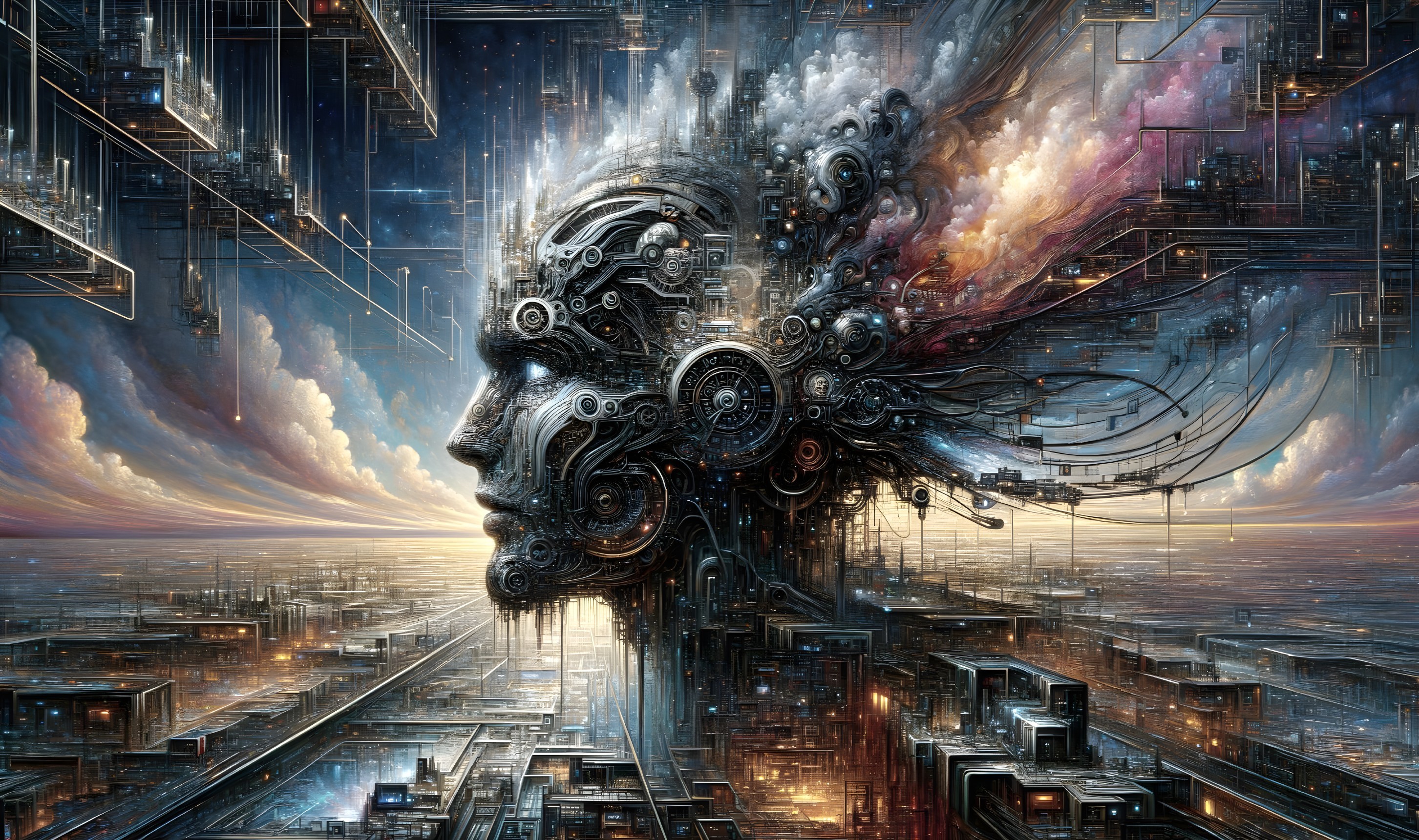 Surreal Futuristic Humanoid Face with Mechanical Elements