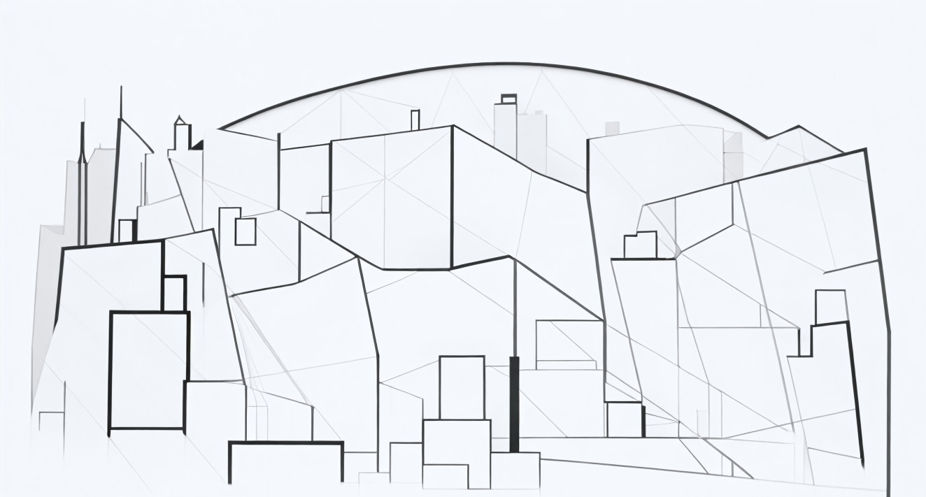Monochrome abstract cityscape with geometric shapes and semicircular backdrop