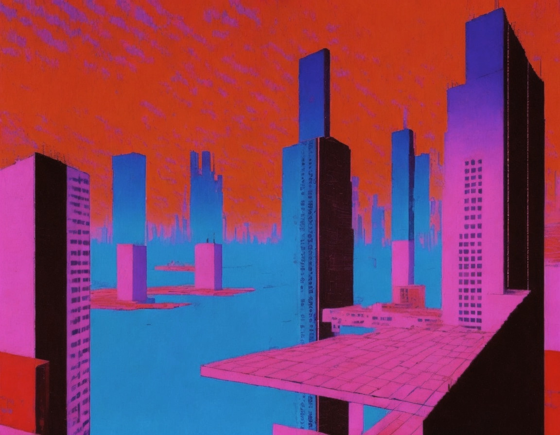 Futuristic cityscape digital artwork with neon pink and blue hues