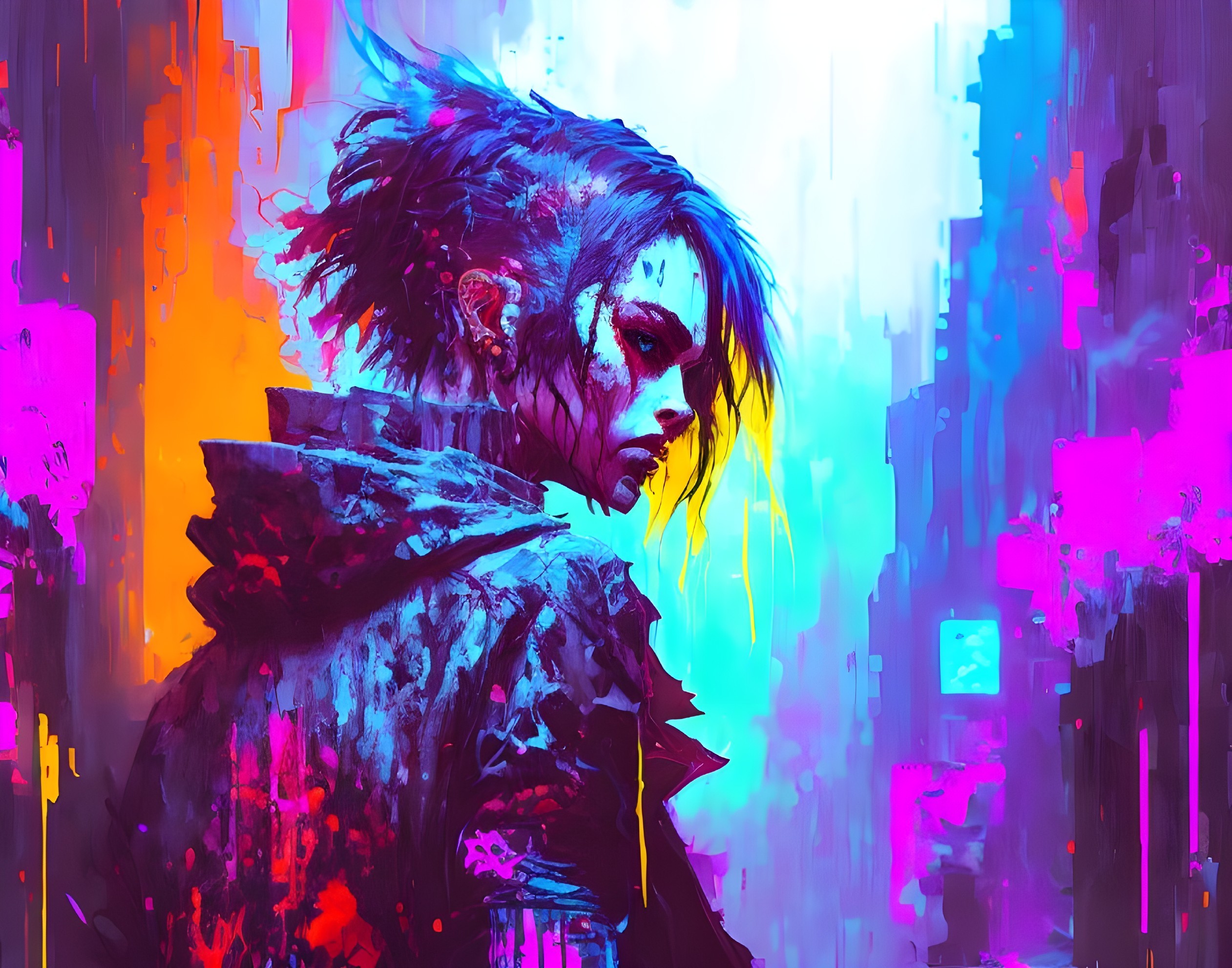 Vivid digital artwork of stylized individual with dramatic makeup and neon cityscape