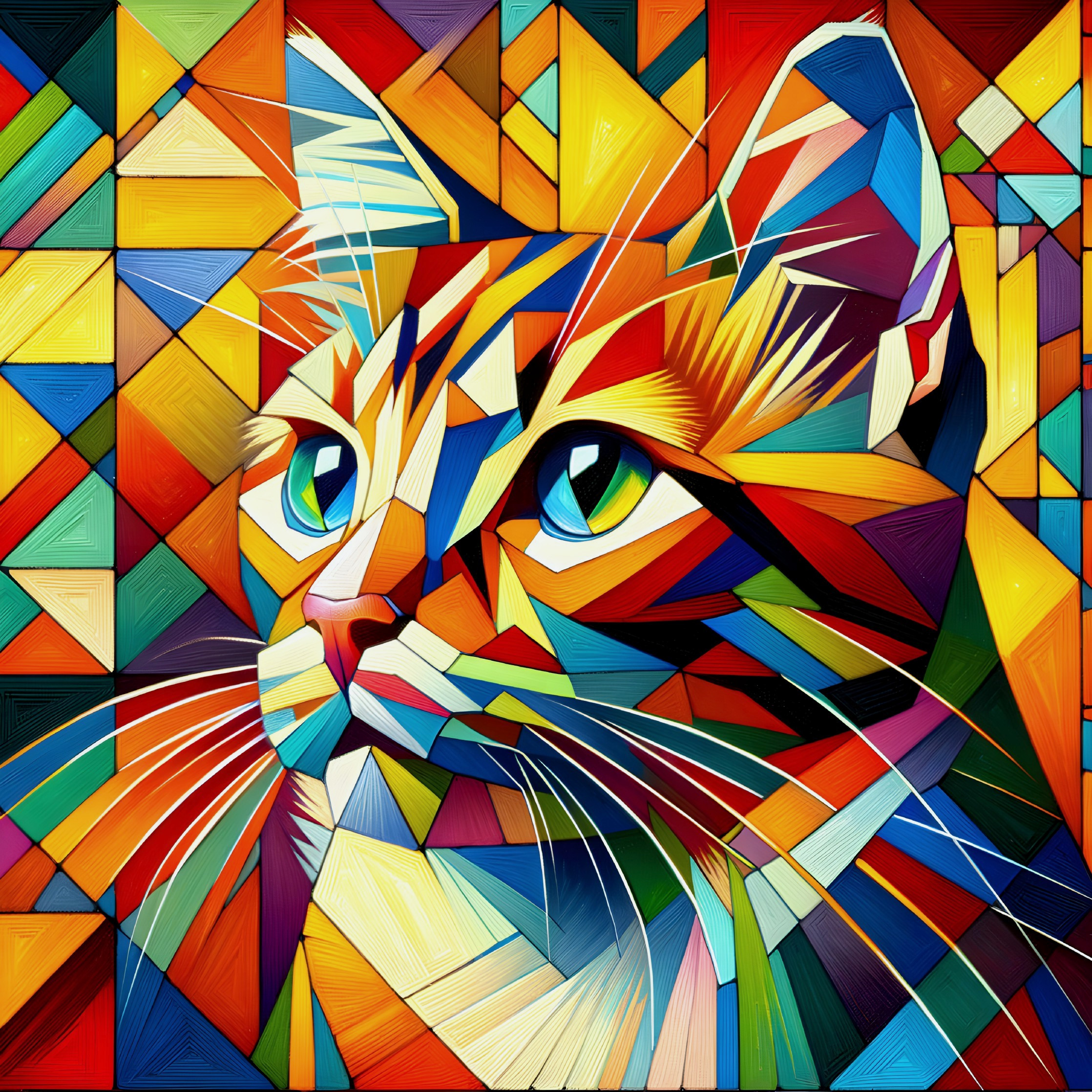 Stylized Cat Face in Bold Geometric Shapes and Colors
