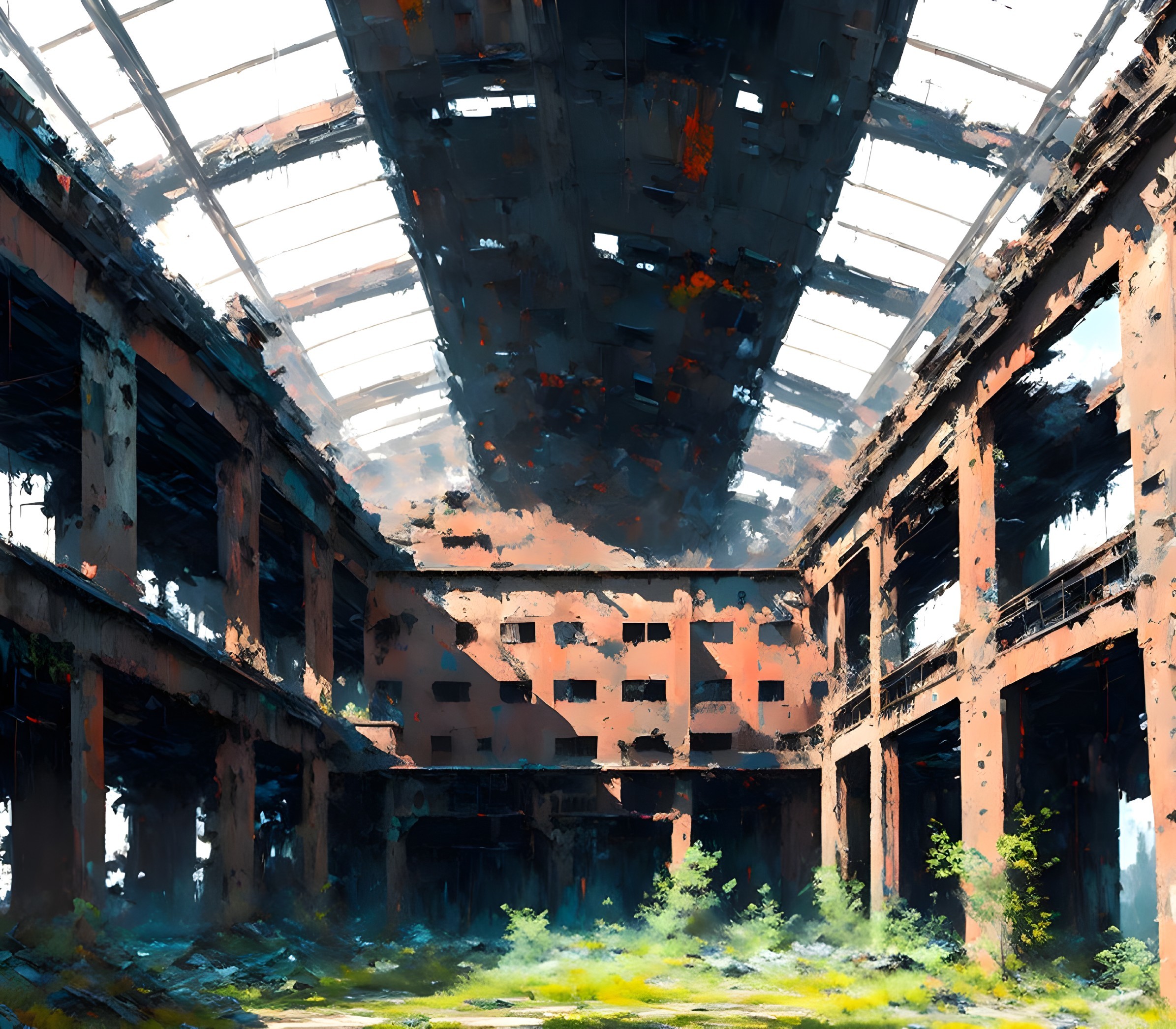 Abandoned Industrial Building with Overgrown Vegetation