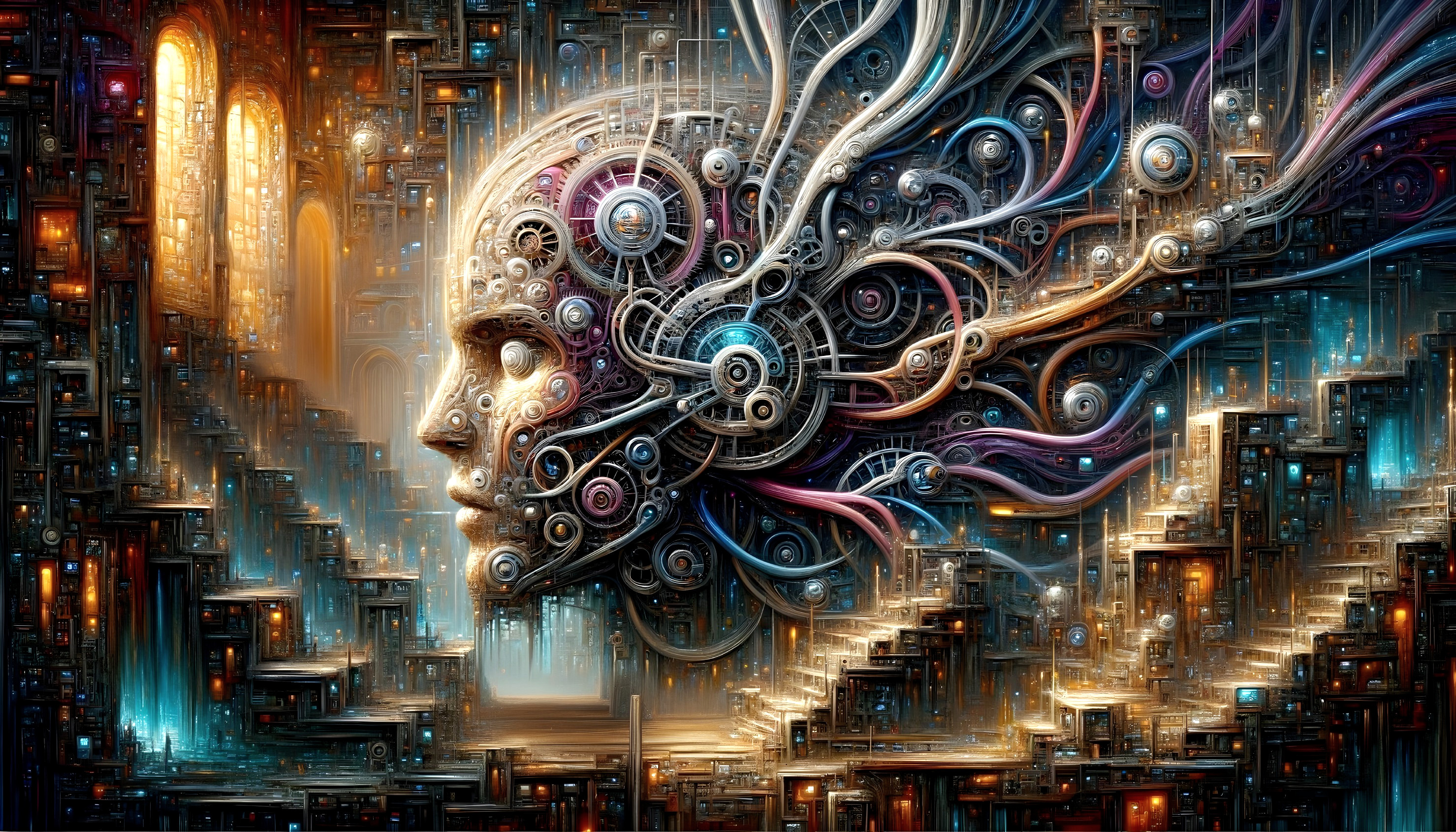 Surreal Metallic Head in Labyrinthine Environment