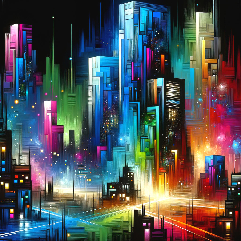 Vibrant Digital Cityscape with Cosmic Elements