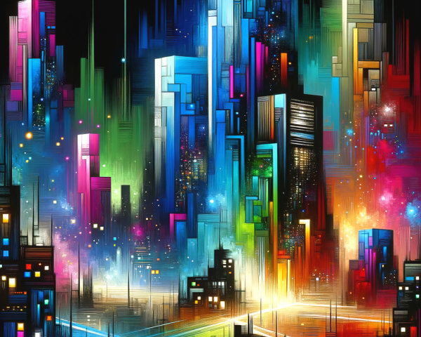 Vibrant Digital Cityscape with Cosmic Elements