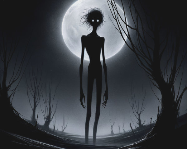 Eerie Landscape with Haunting Figure Under Full Moon