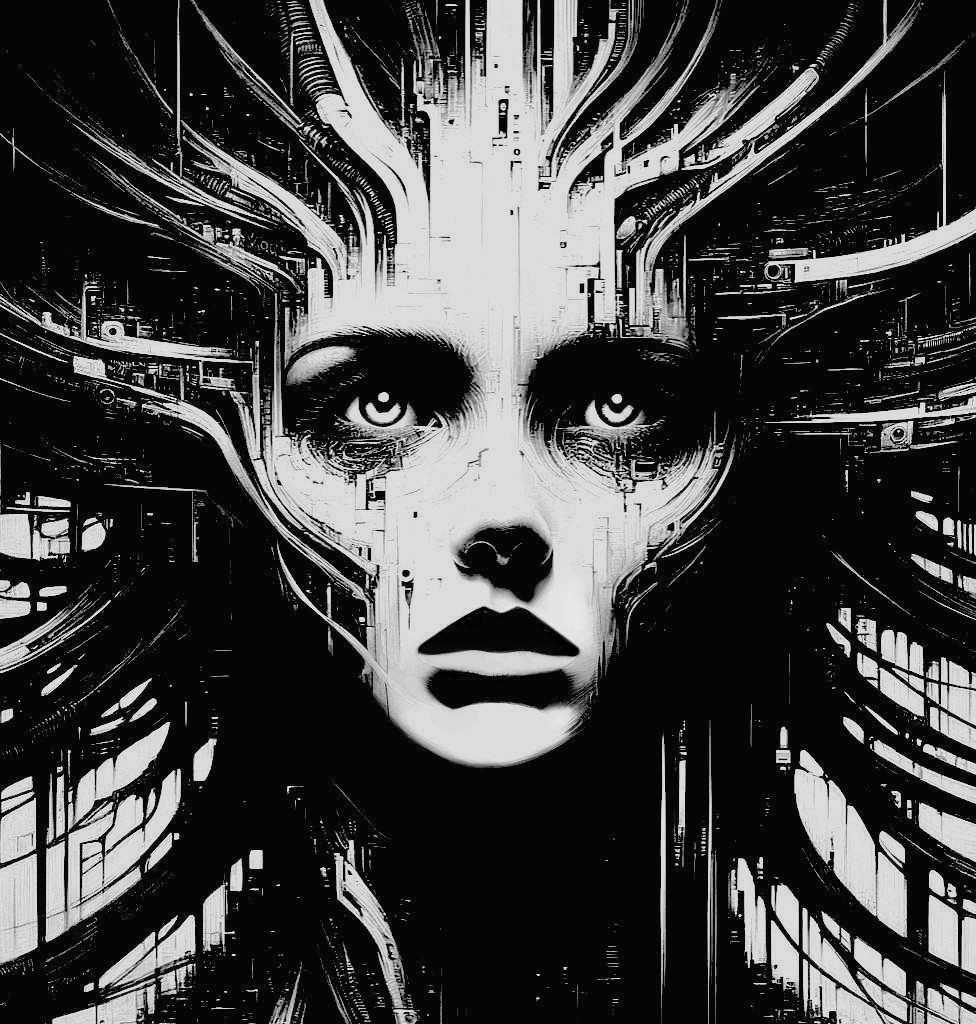 Black and White Illustration of Woman and Circuitry