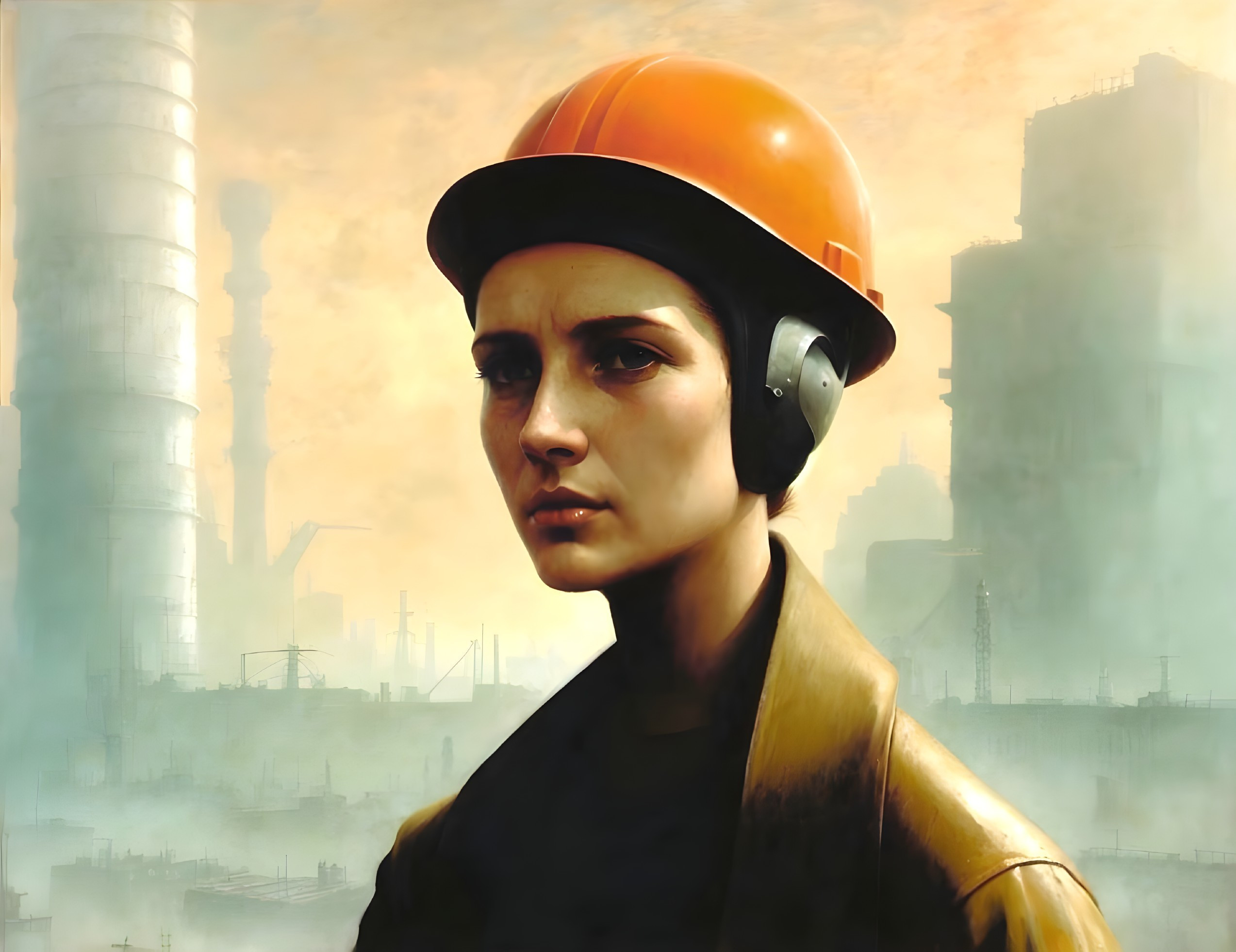 Person in Orange Helmet with Headphones in Industrial Setting