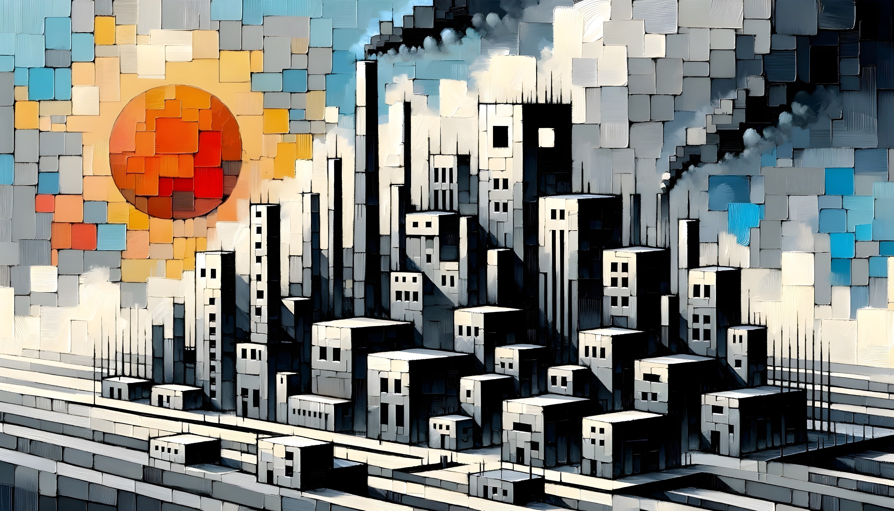 Industrial Cityscape with Factories and Colorful Sky