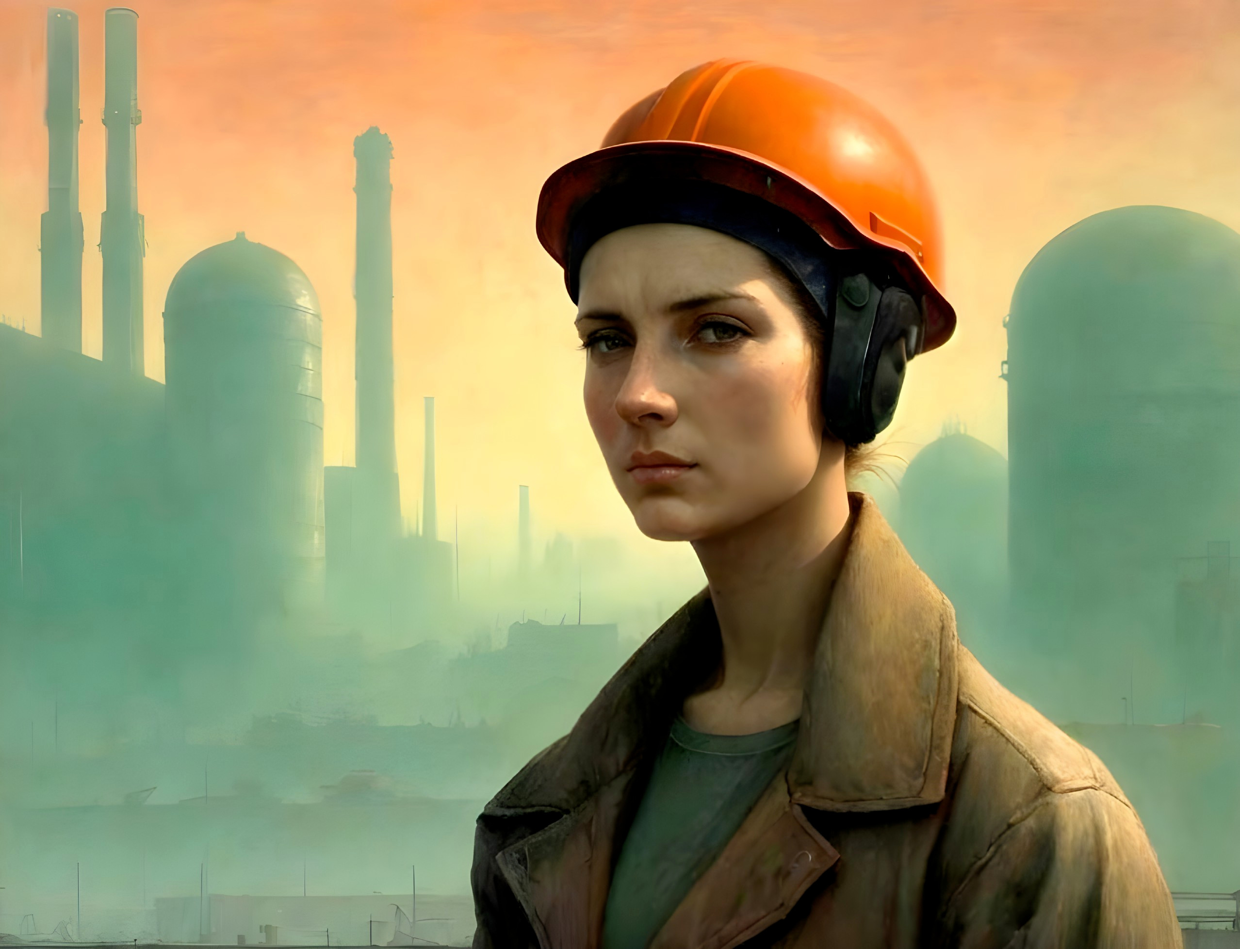 Woman in safety gear in front of industrial backdrop