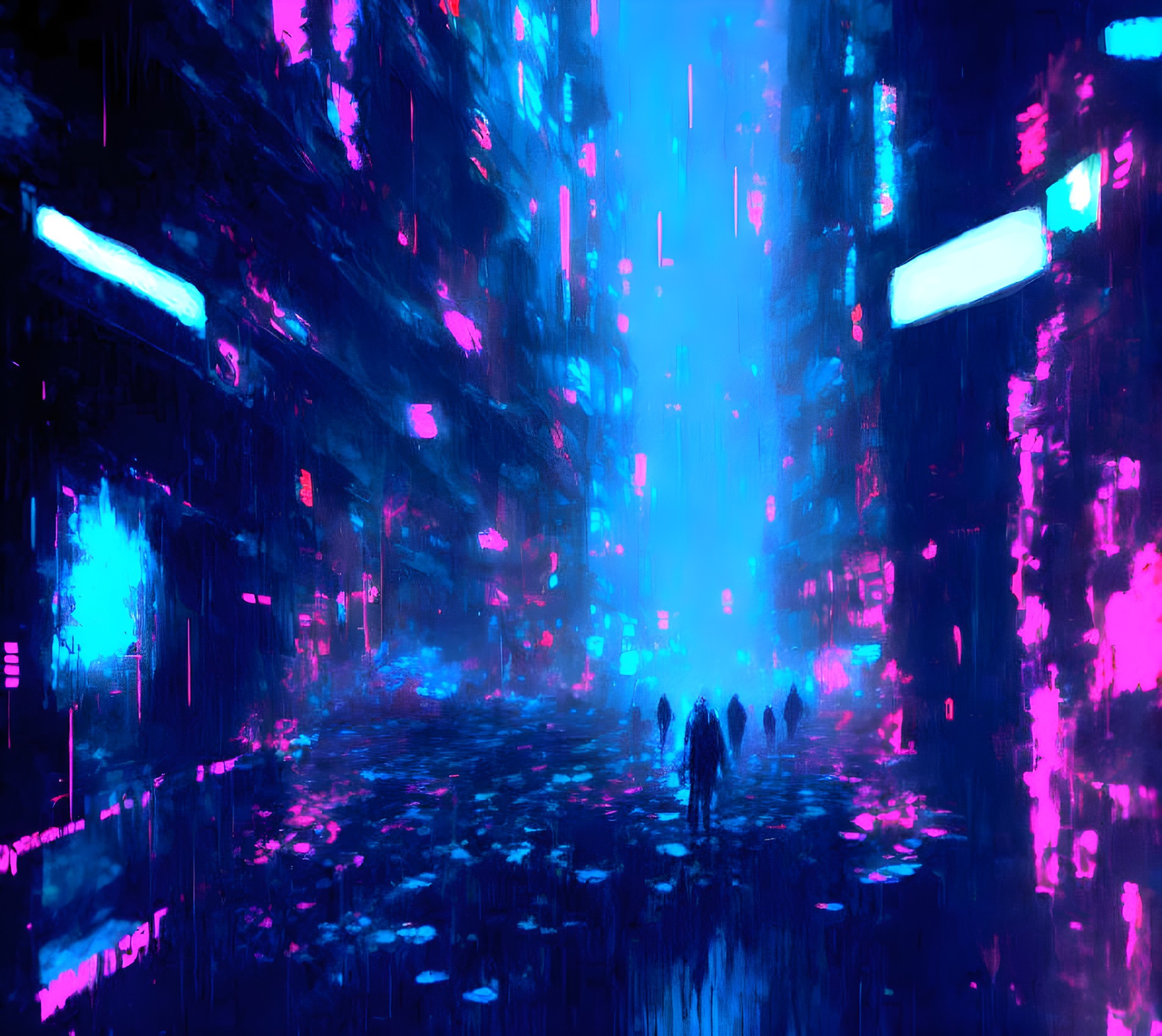 Neon-lit cyberpunk cityscape with wet streets and silhouettes