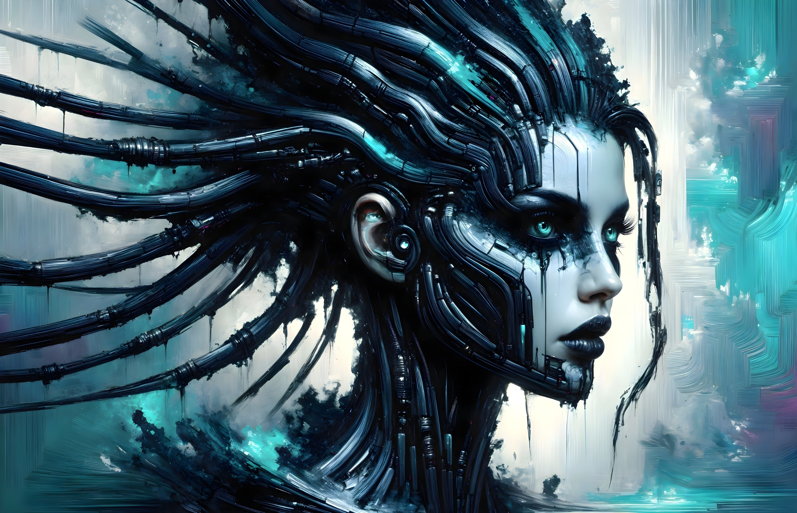Futuristic humanoid figure with cybernetic features