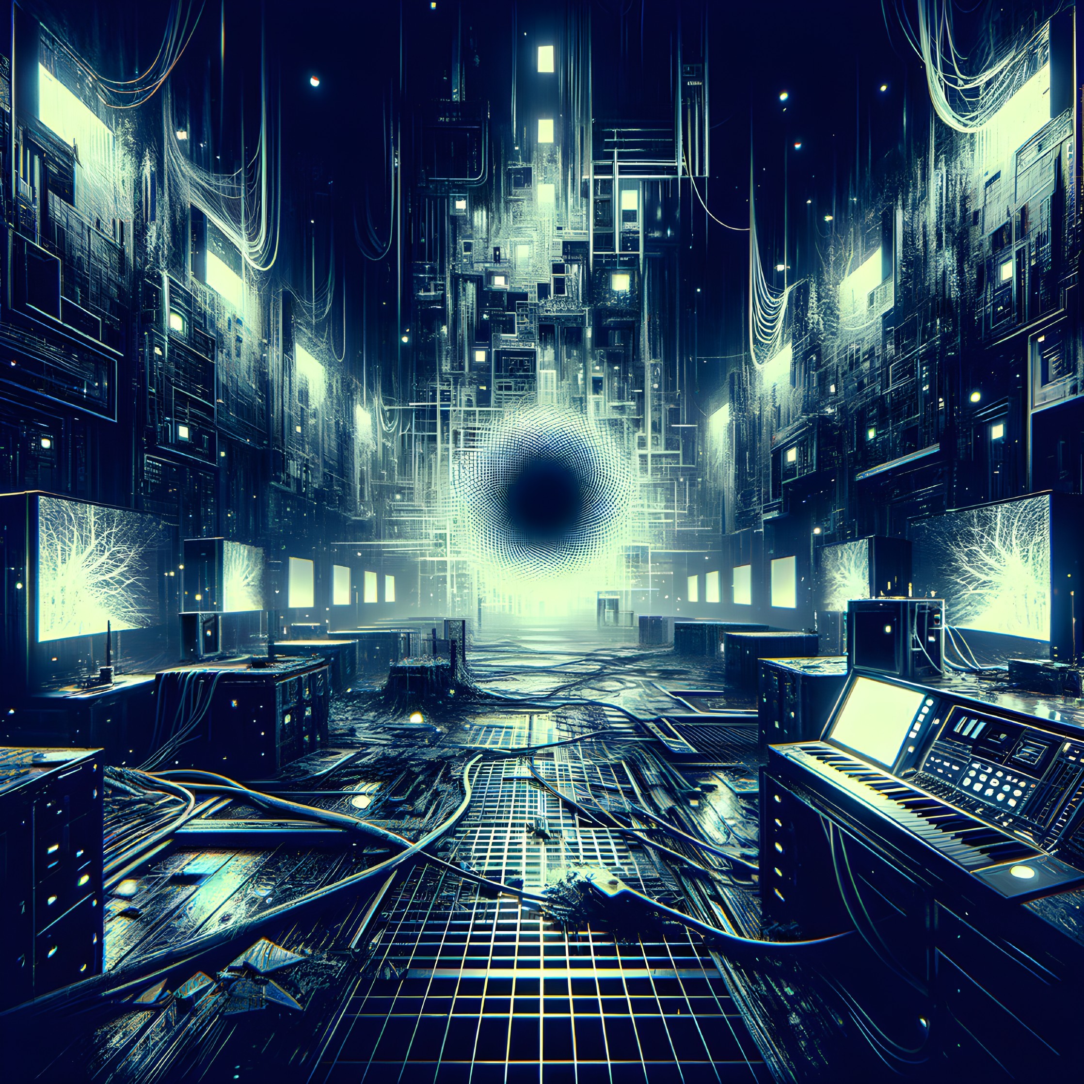 Futuristic Digital Realm with Glowing Screens and Portal