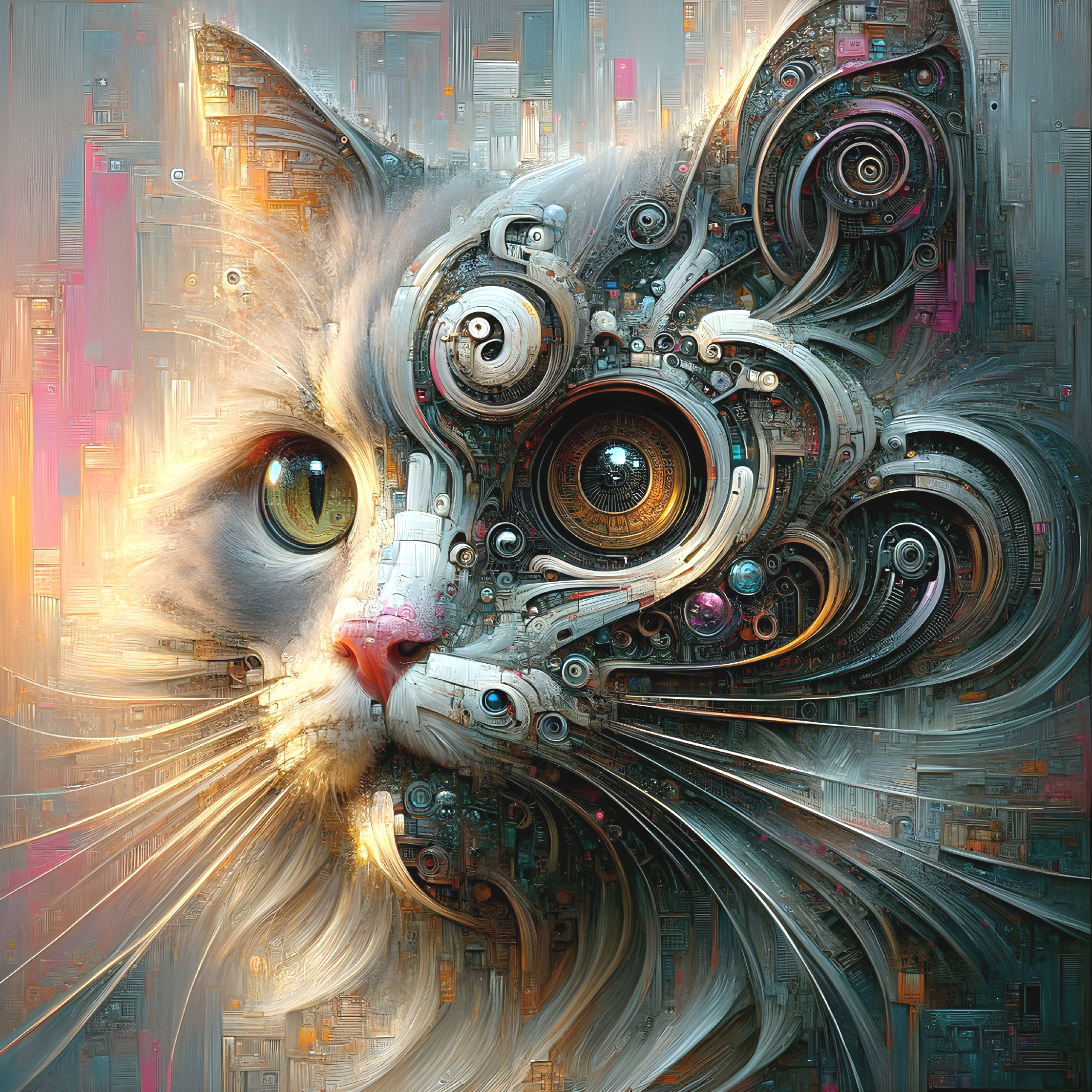 Abstract Cat Face with Mechanical and Colorful Patterns
