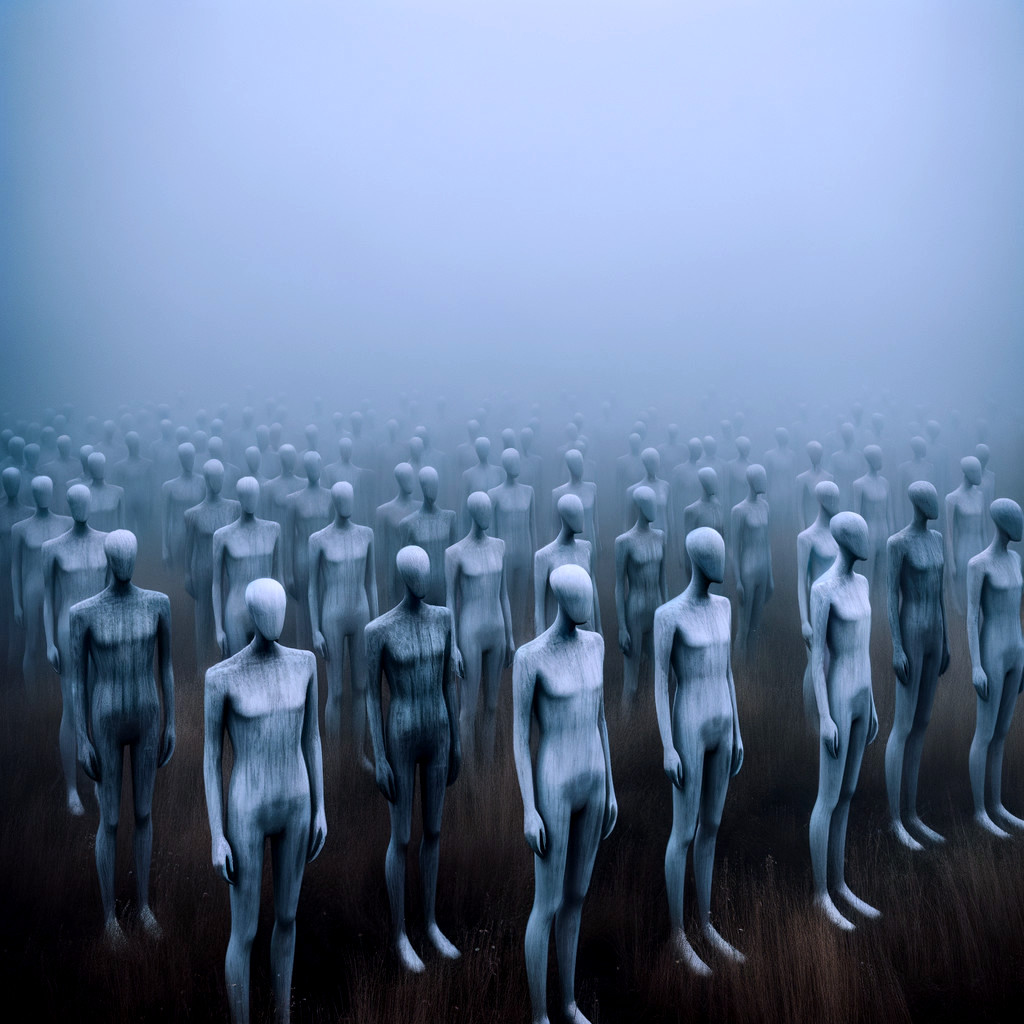 Faceless Figures in a Foggy, Surreal Landscape