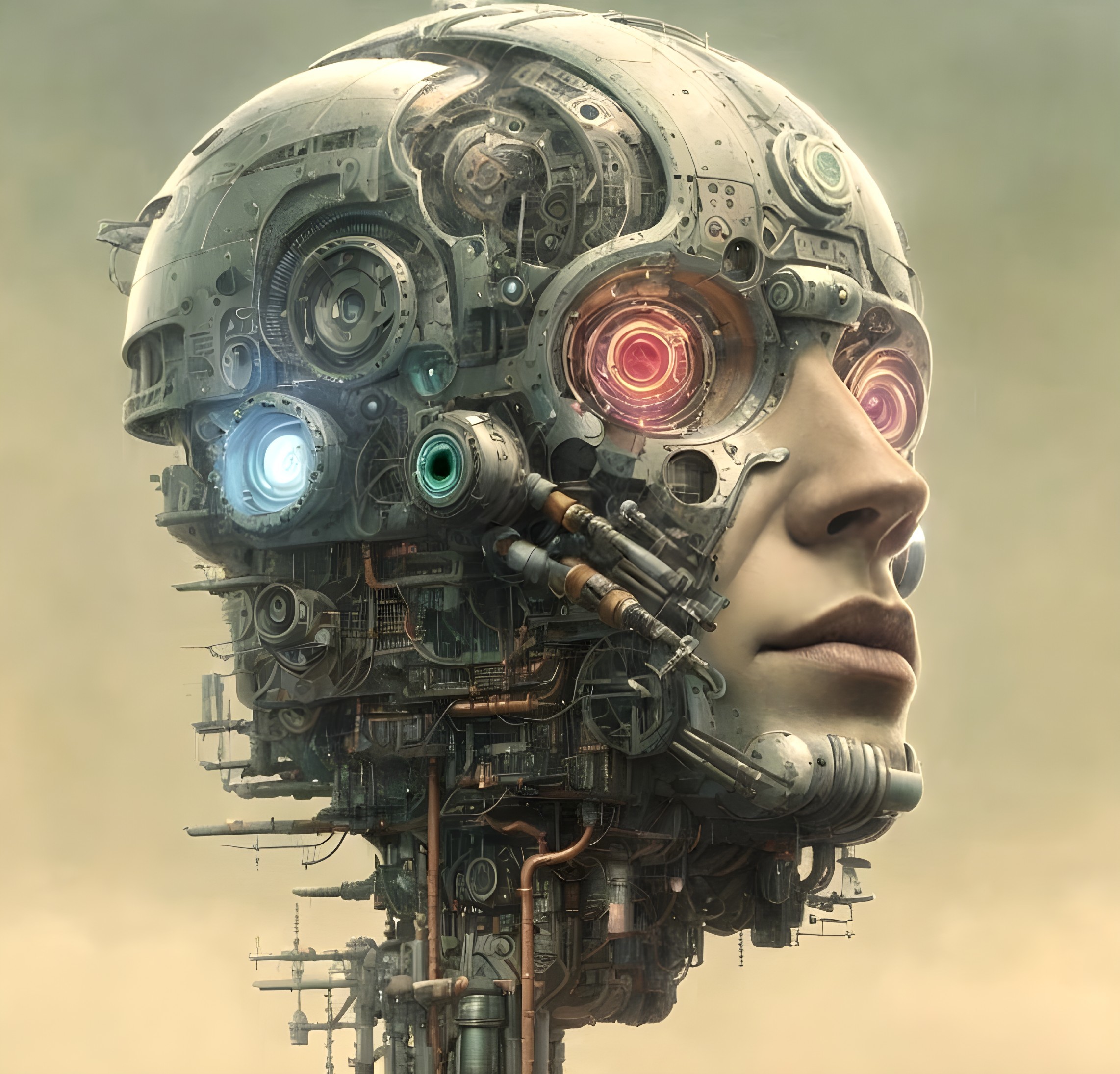 Detailed human-like robot with intricate mechanical head and glowing eyes.