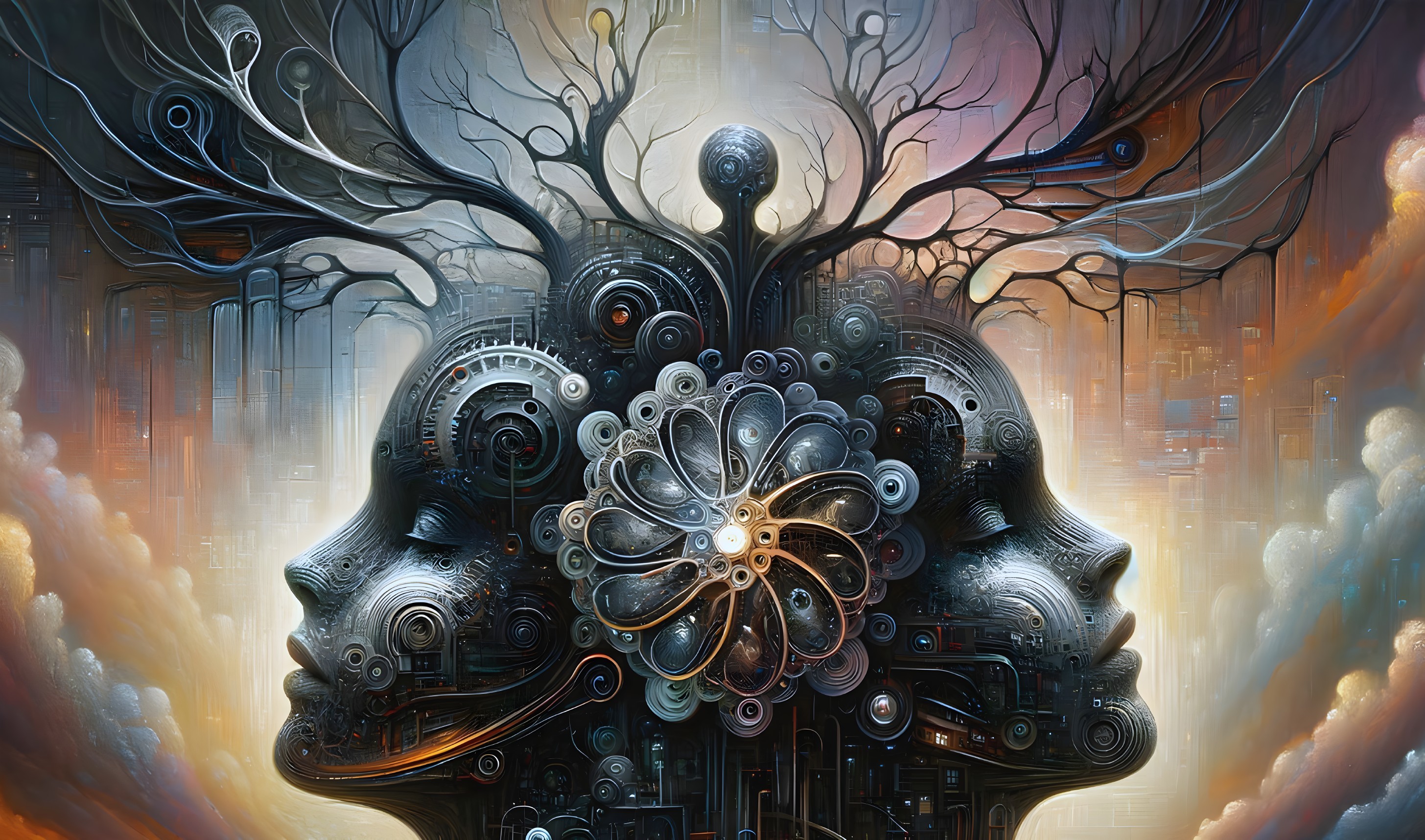 Intertwined Faces with Nature and Technology Elements