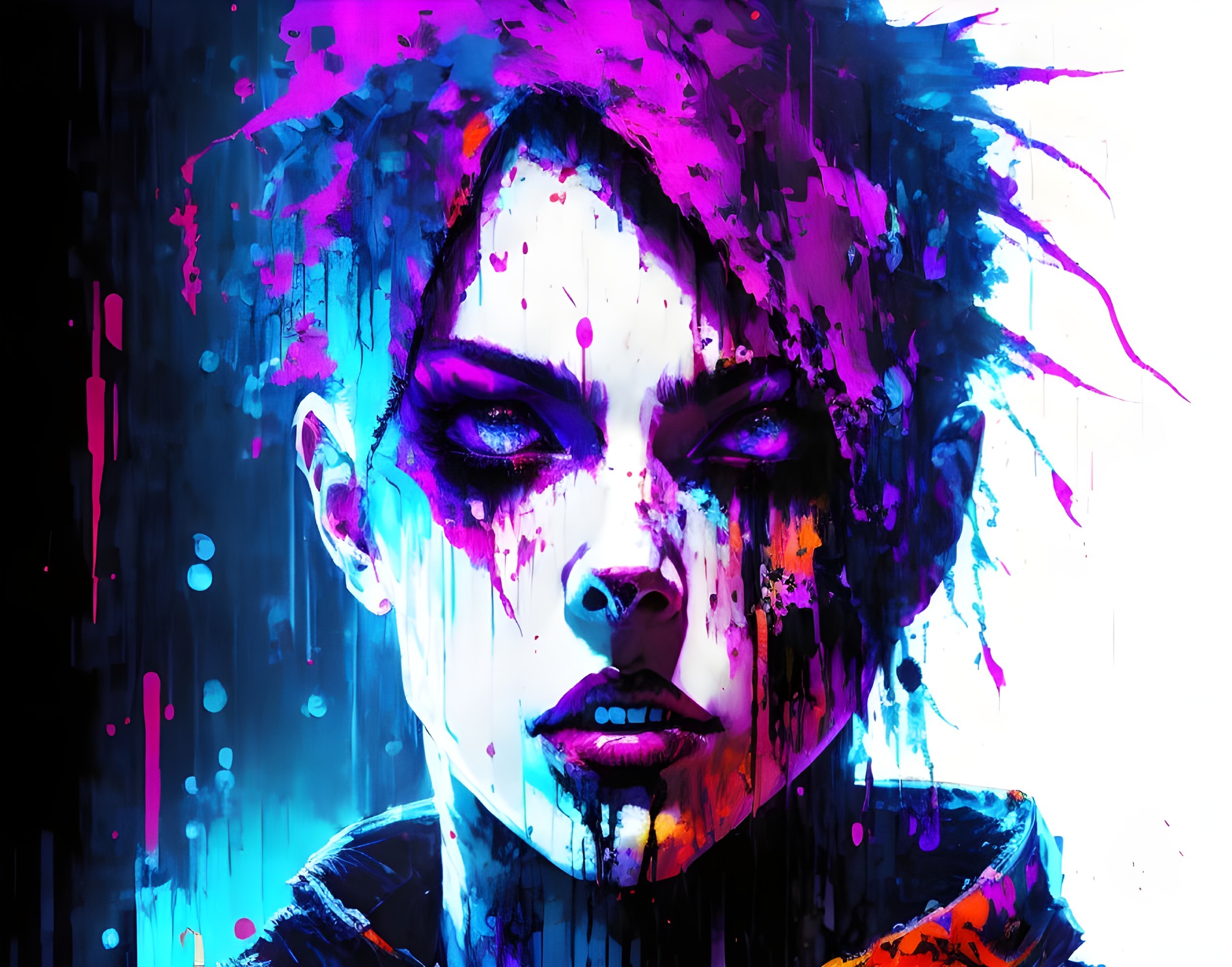 Vivid blue and purple digital portrait with dynamic splatters