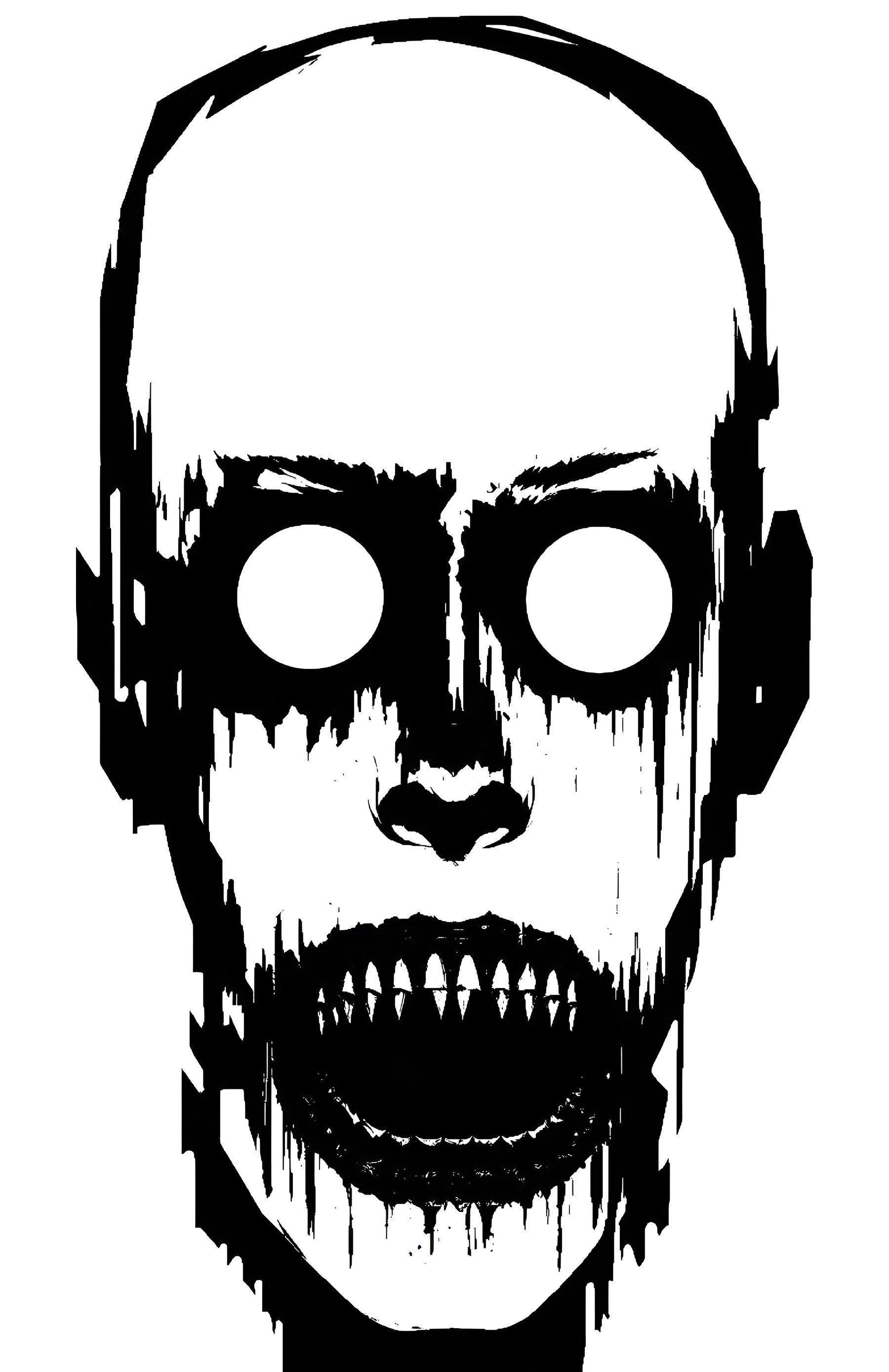 Monochrome stylized skull illustration with exaggerated features