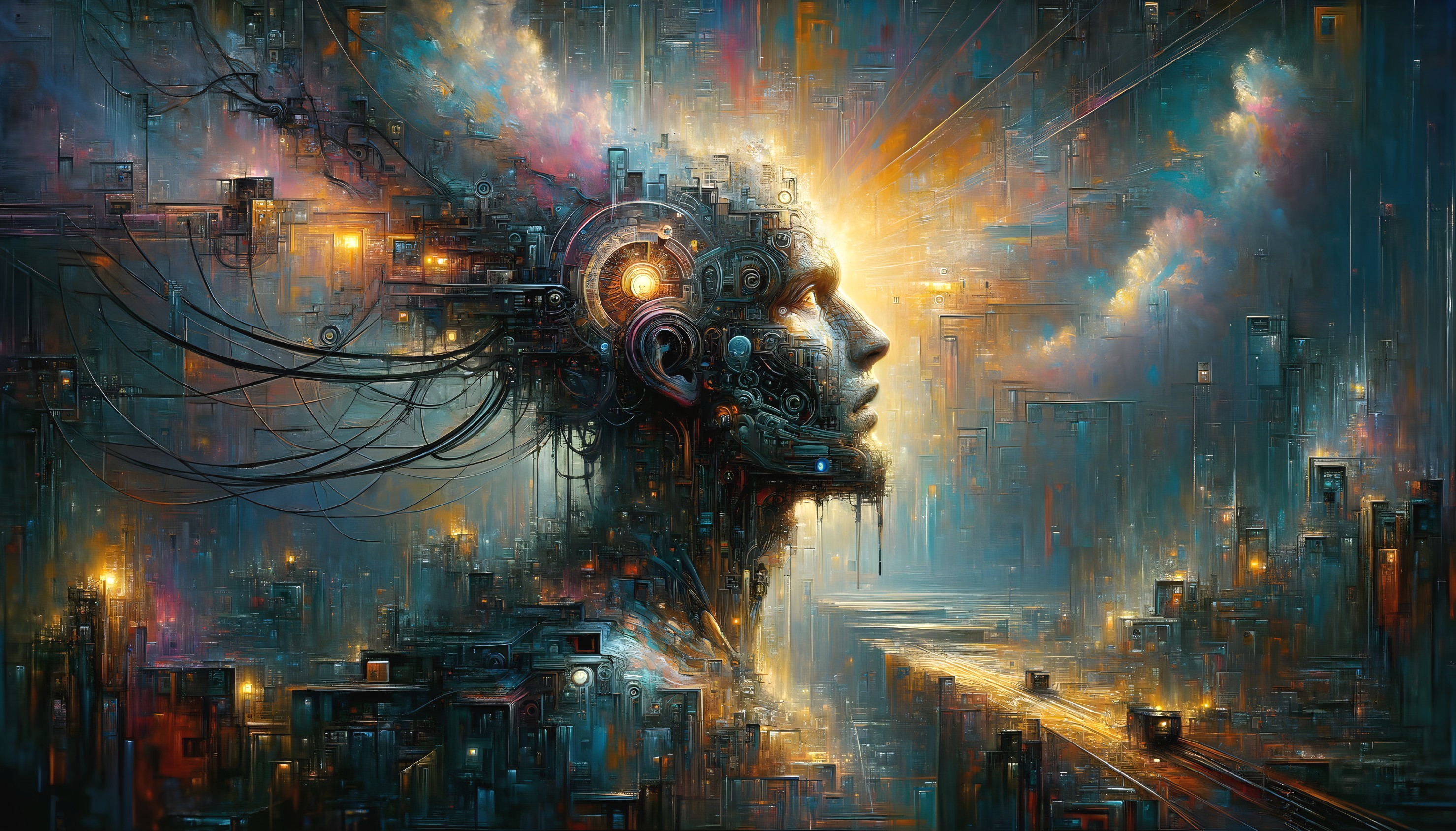 Surreal Human Head Profile with Circuits and Light