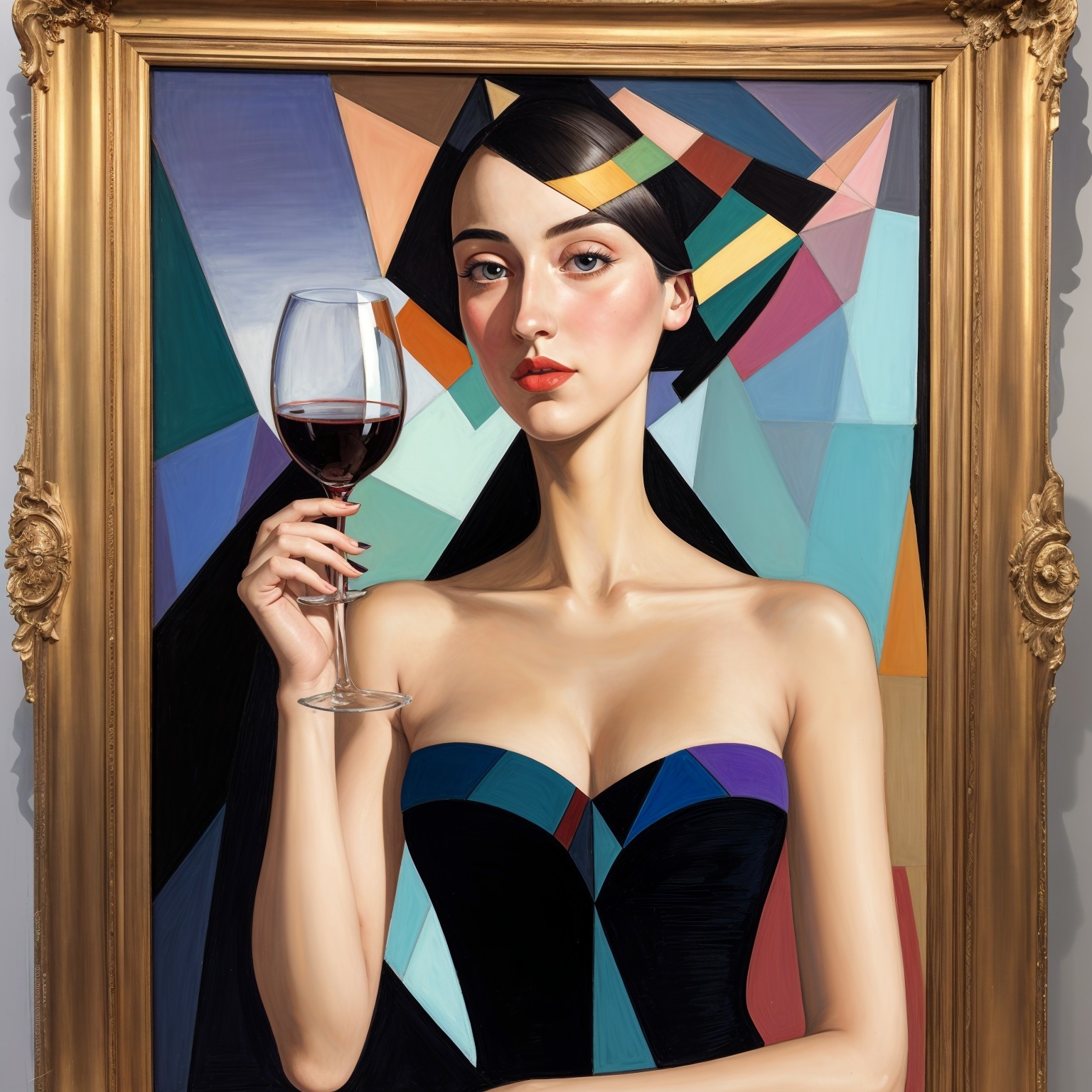 Elegant Woman in Black Dress with Geometric Background