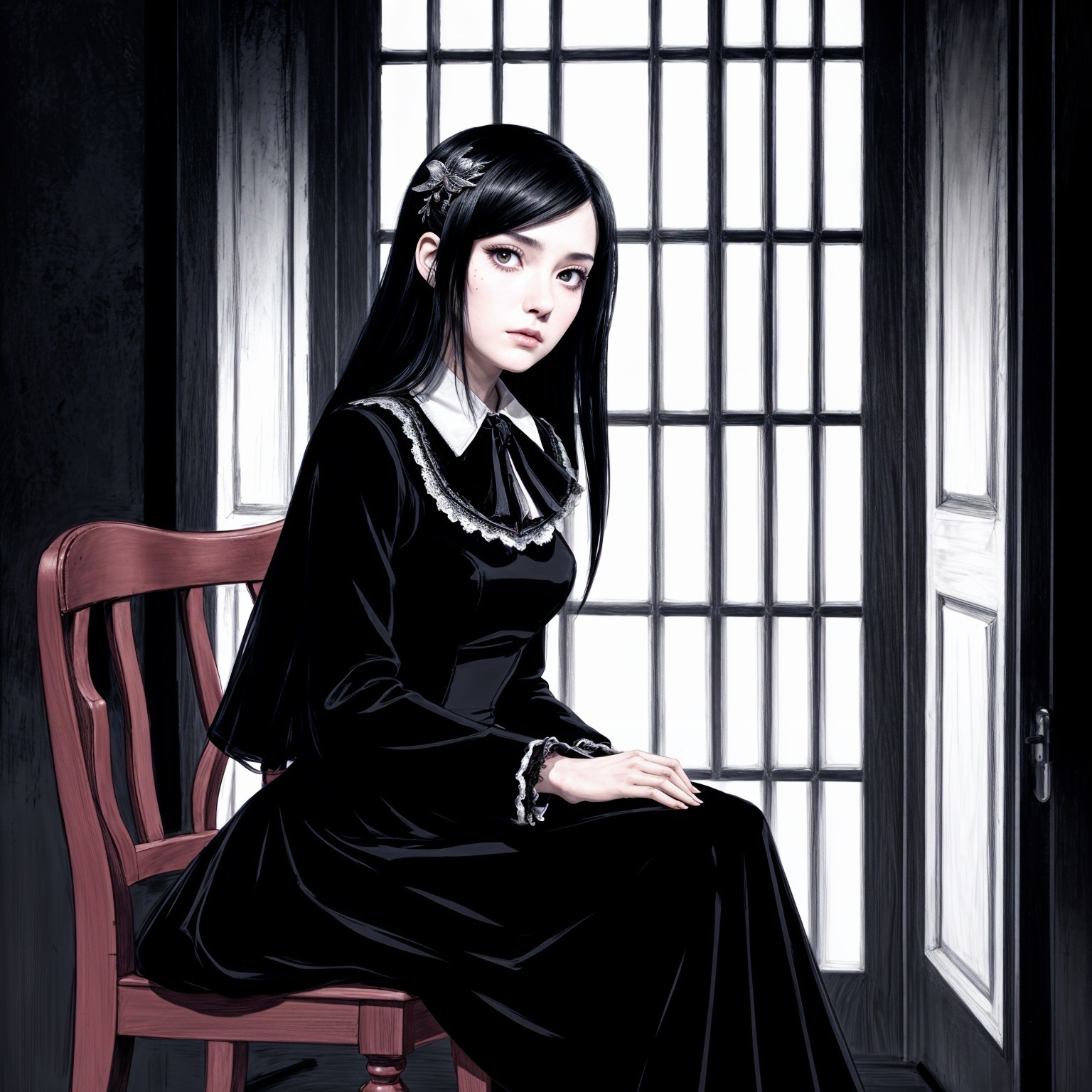 Young Woman in Black Gown Against Moody Backdrop