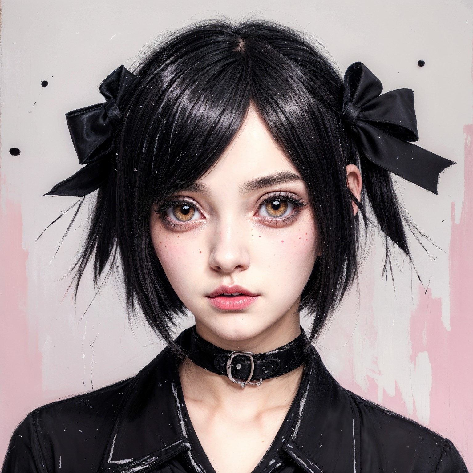 Young woman with large eyes and pigtails in dark outfit