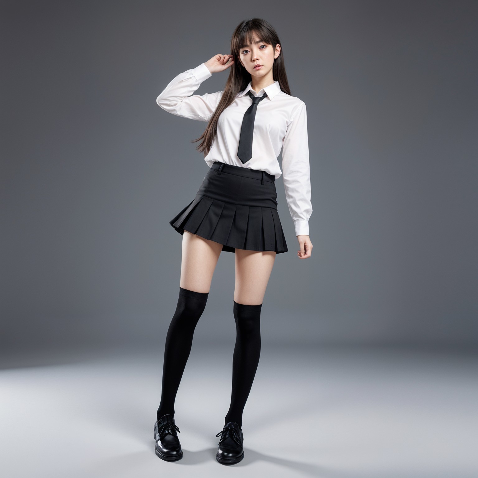 Young Woman in Chic Studio Outfit with Minimalist Background