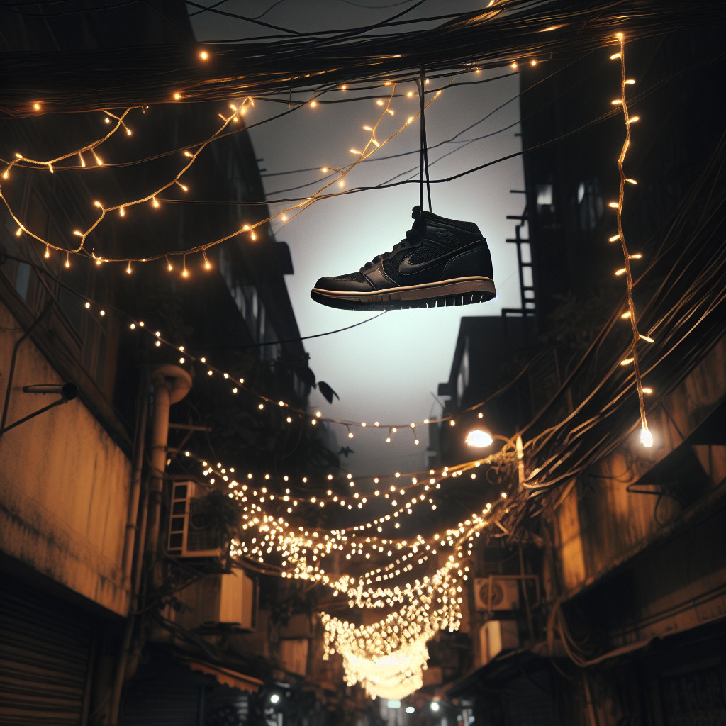 Sneaker Hanging in Dim Alley with Fairy Lights