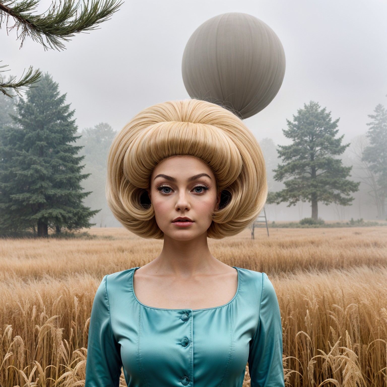 Model in Retro Dress in Foggy Golden Field