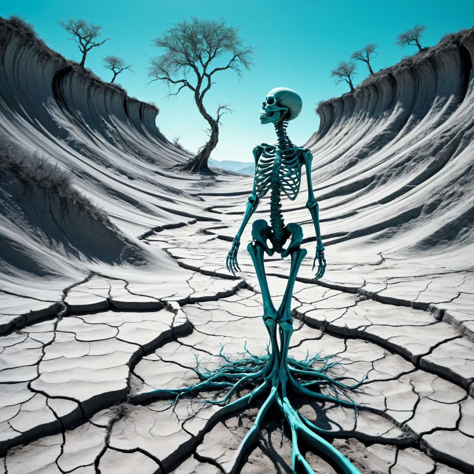 Surreal Landscape with Blue Skeleton and Barren Cliffs
