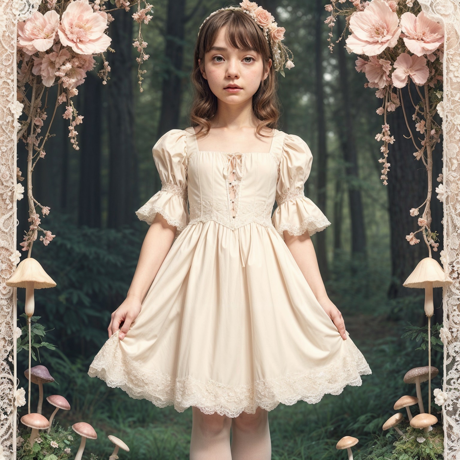Young girl in cream dress in serene forest setting
