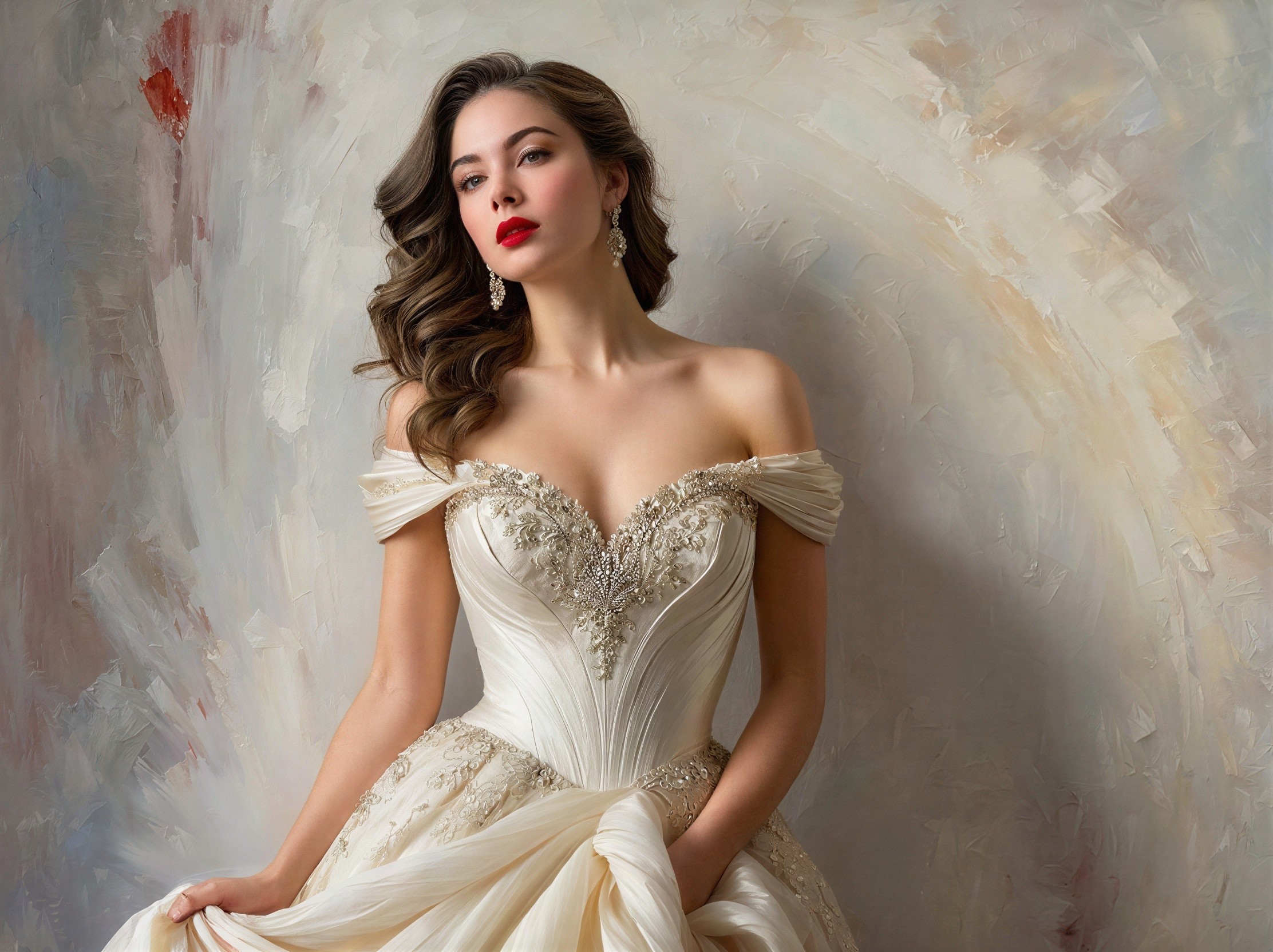 Medium Shot of Model in Off-White Embroidered Dress