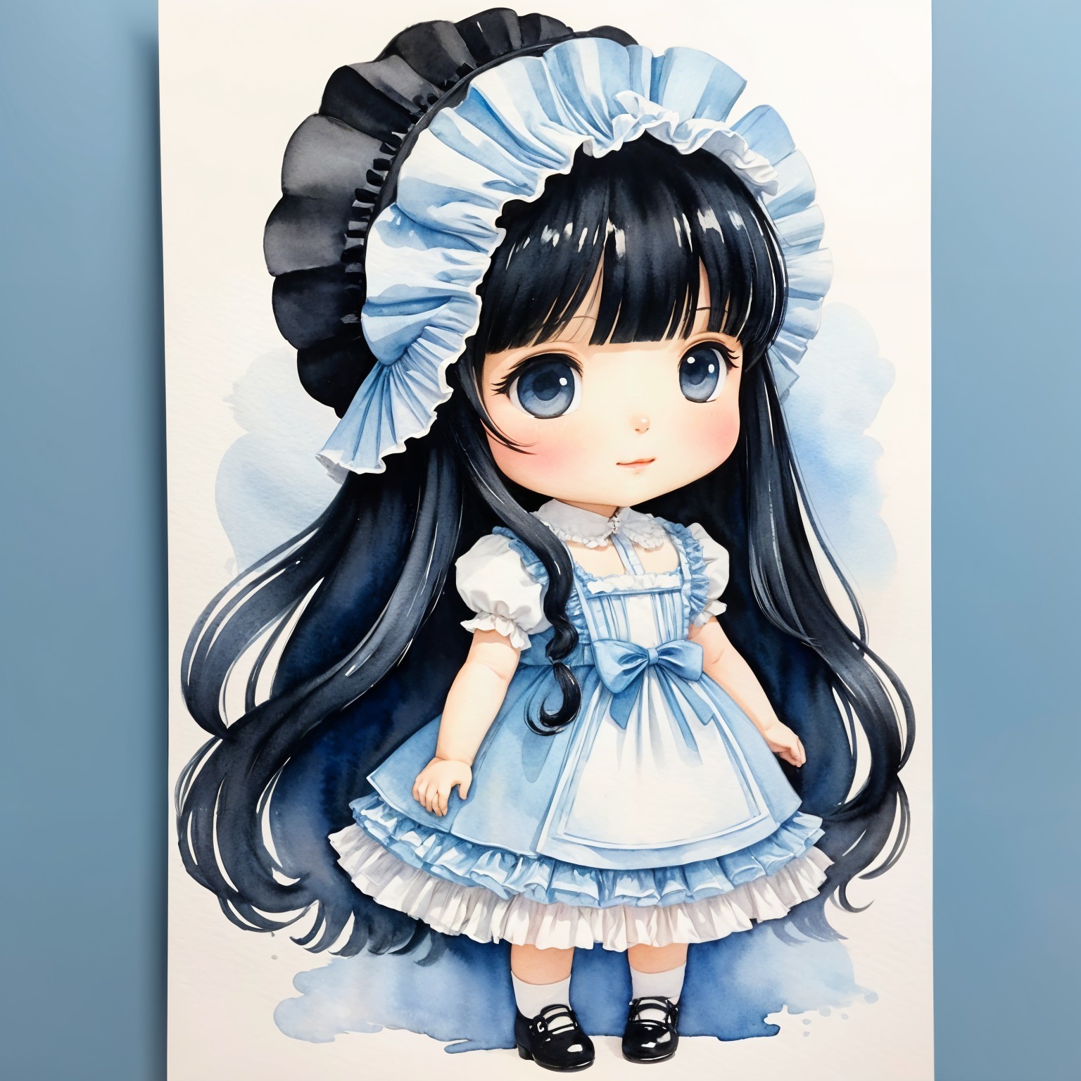 Charming Illustration of a Young Girl in Blue Dress