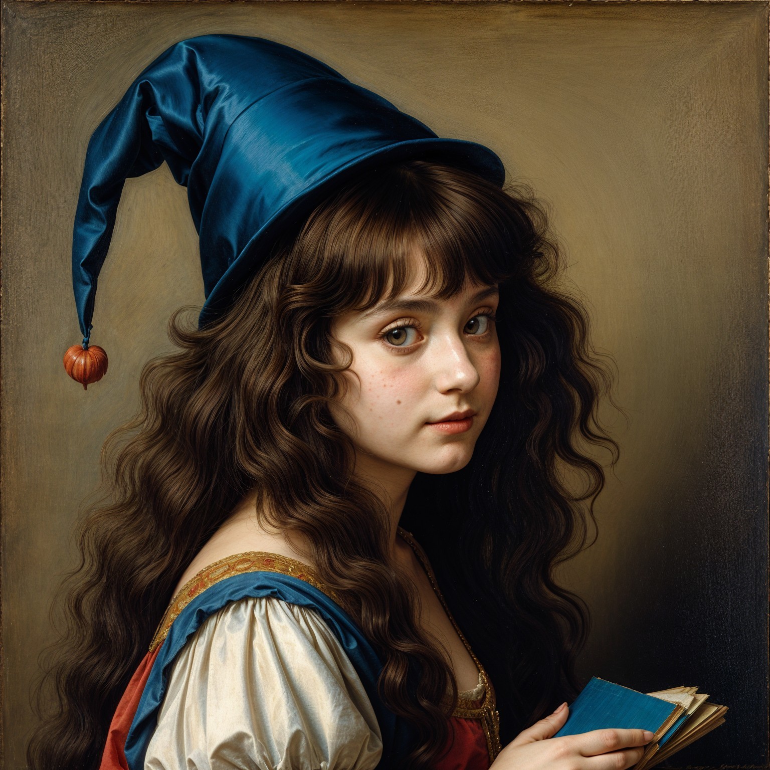 Young woman in colorful dress with blue hat and book