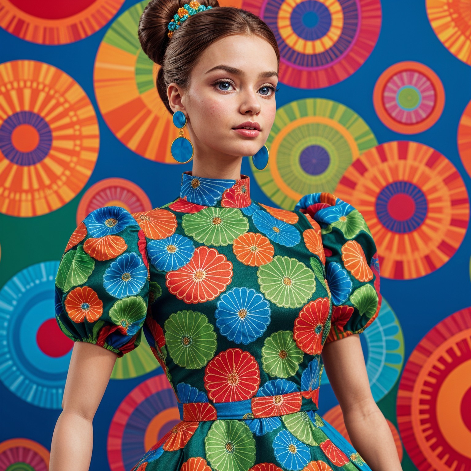 Vibrant Floral Dress with Bold Colors and Accessories