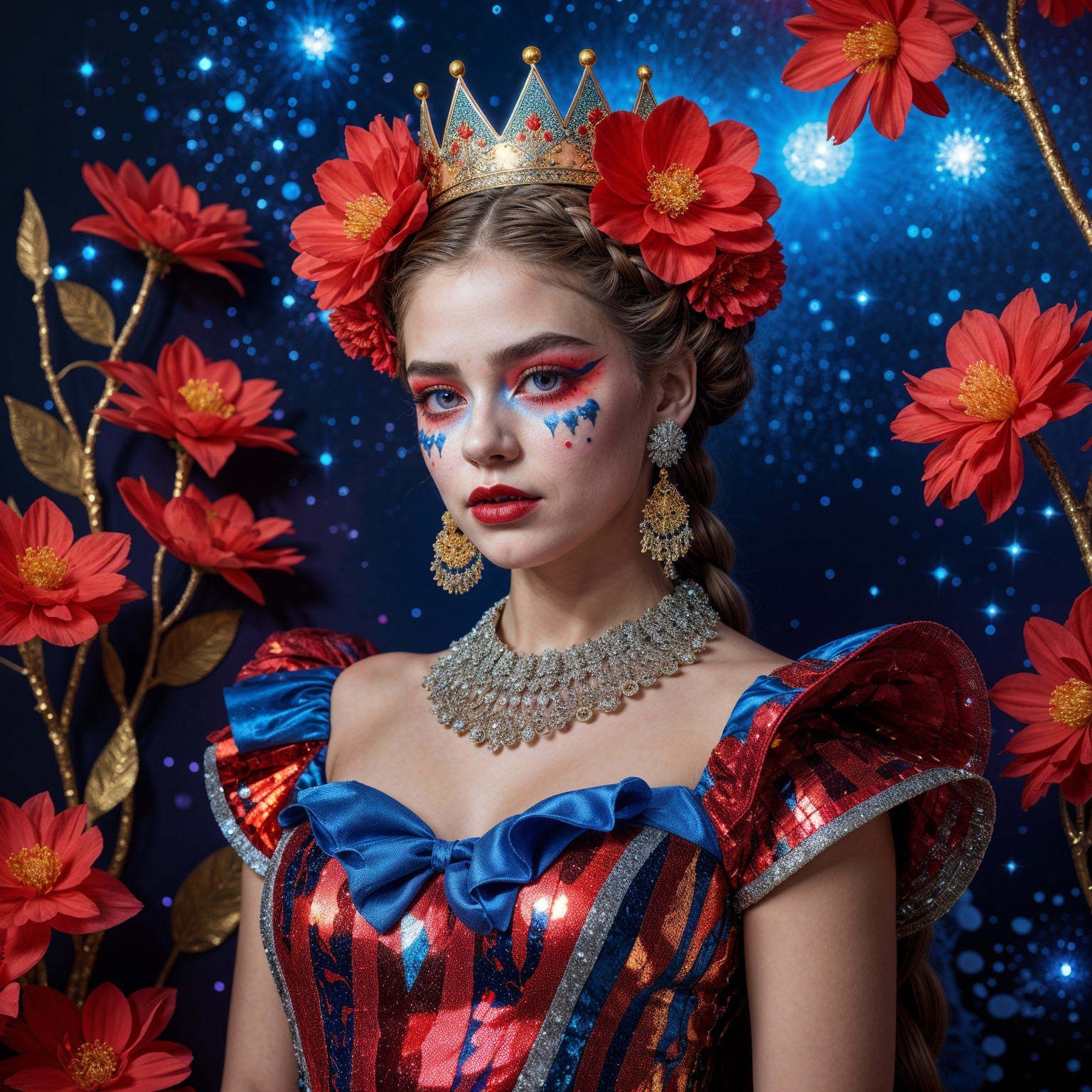 Young Woman in Sparkling Dress with Floral Accents