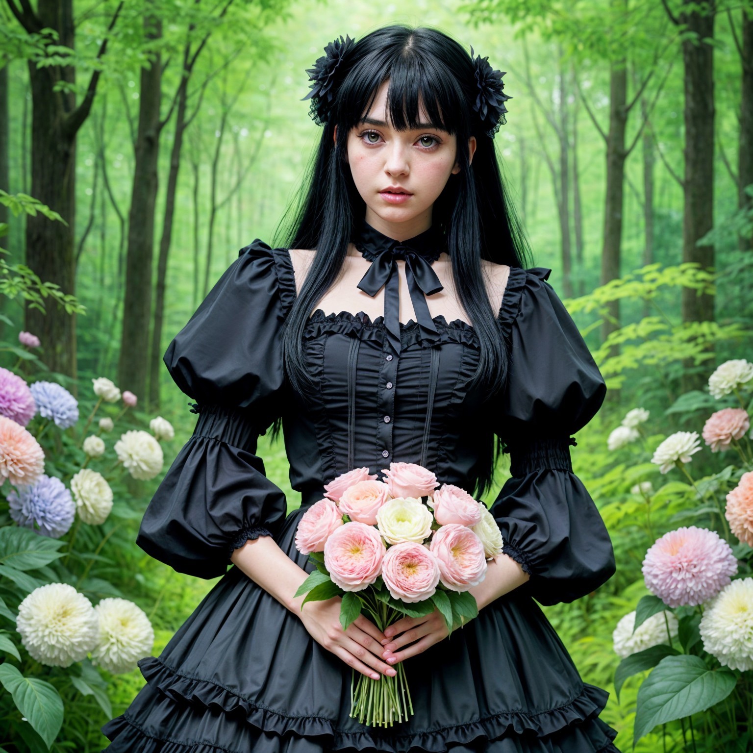 Young woman in black dress with floral bouquet in forest
