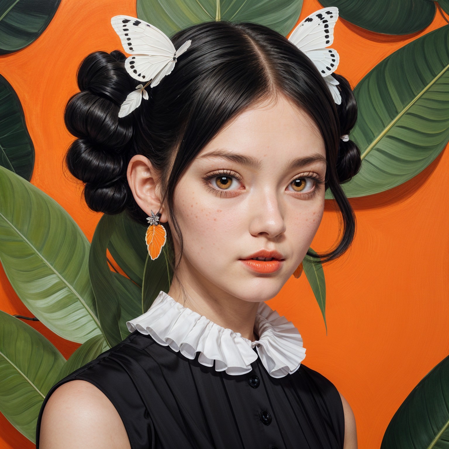 Young woman in black dress against orange backdrop